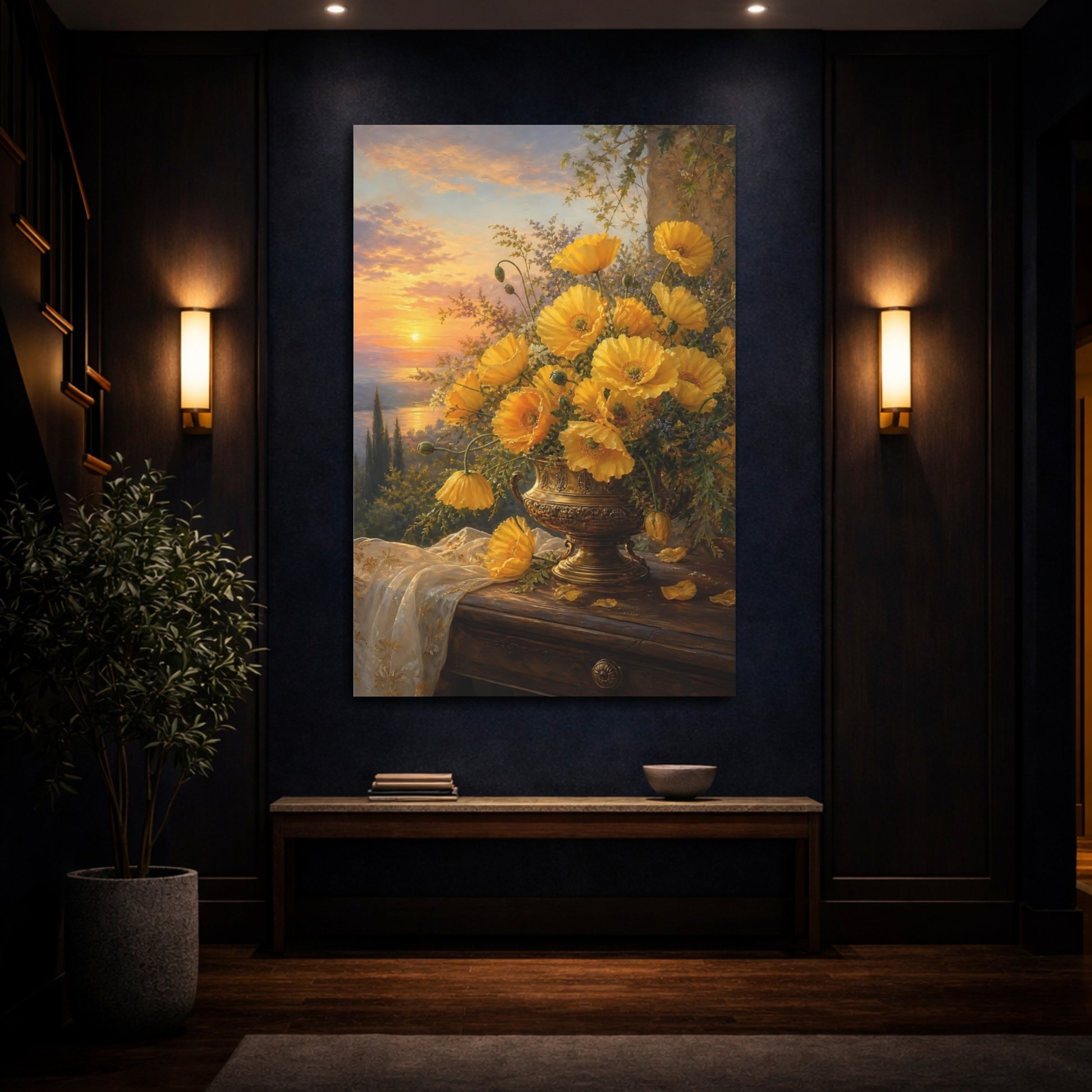 Mockup 4. Floral Yellow Poppies Yellow Floral Sunset shown as stretched canvas wall art