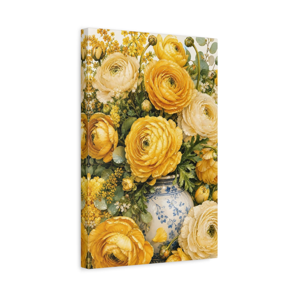 Side Mockup 4. Floral Yellow Ranunculus Yellow Ranunculus shown as stretched canvas wall art