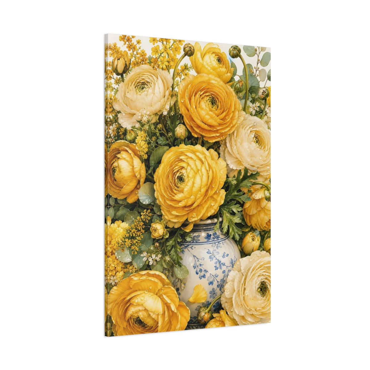 Side Mockup 1. Floral Yellow Ranunculus Yellow Ranunculus shown as stretched canvas wall art