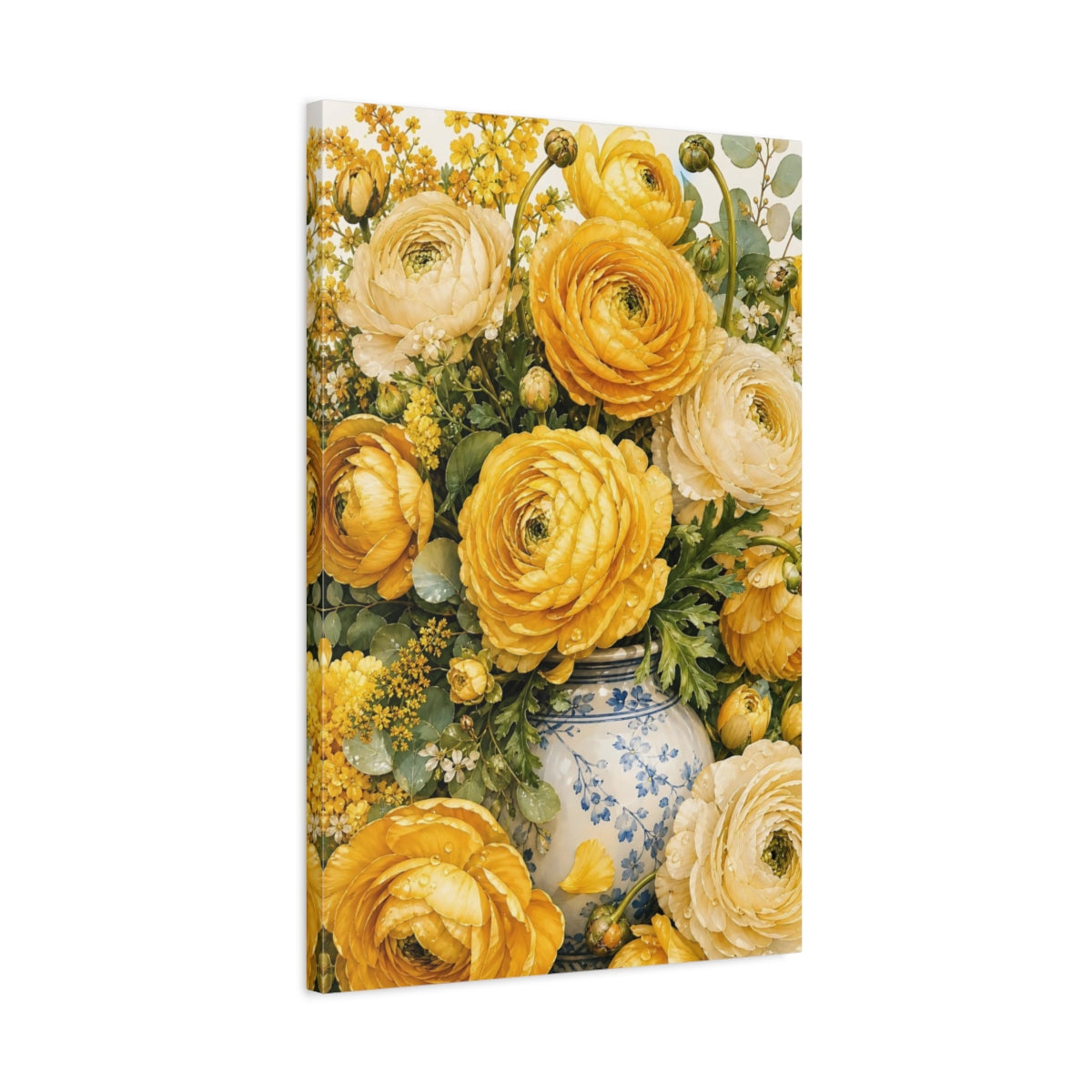 Side Mockup 2. Floral Yellow Ranunculus Yellow Ranunculus shown as stretched canvas wall art