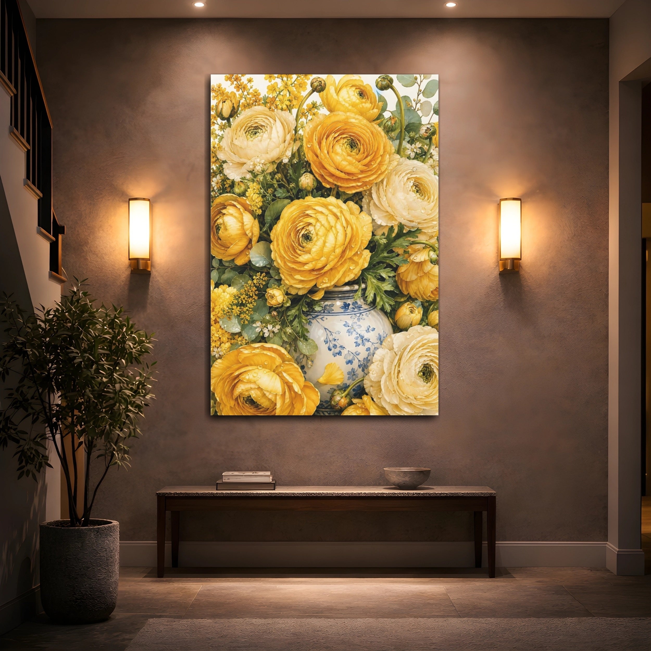 Mockup 2. Floral Yellow Ranunculus Yellow Ranunculus shown as stretched canvas wall art