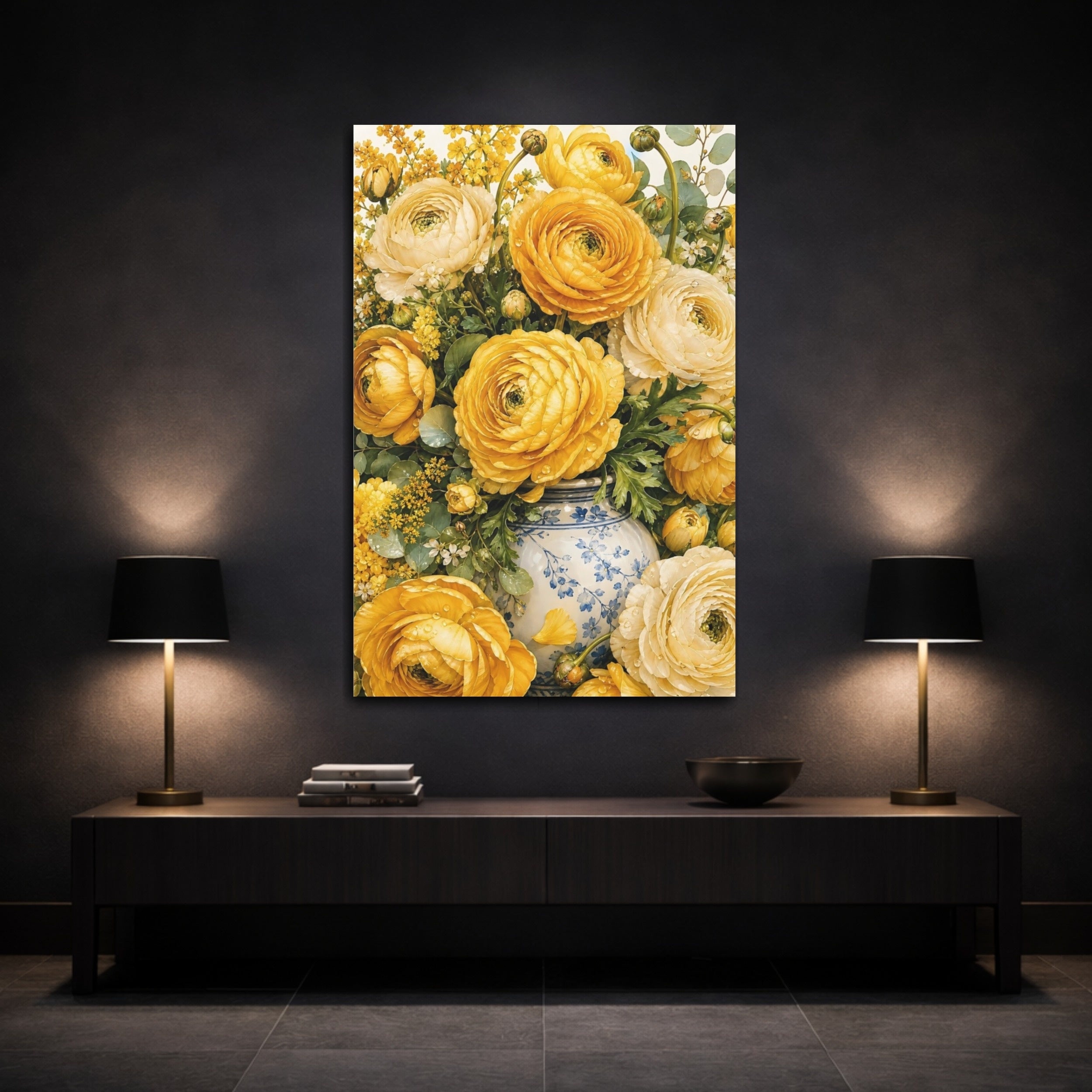 Mockup 3. Floral Yellow Ranunculus Yellow Ranunculus shown as stretched canvas wall art