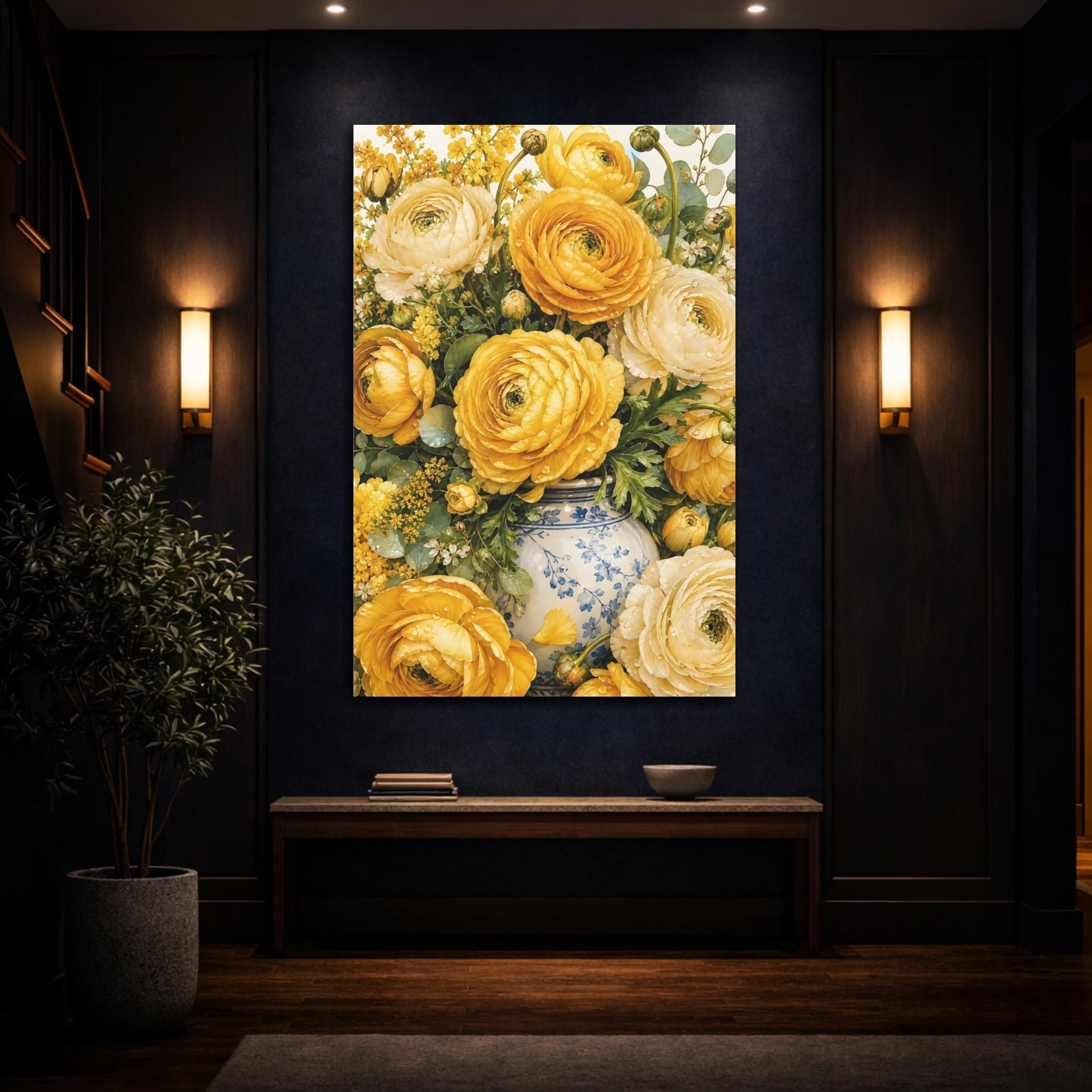 Mockup 4. Floral Yellow Ranunculus Yellow Ranunculus shown as stretched canvas wall art