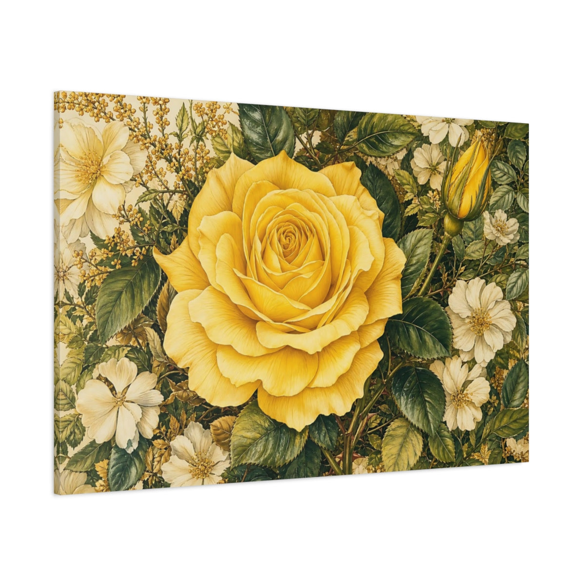 Side Mockup 1. Floral Yellow Rose Yellow And Green shown as stretched canvas wall art