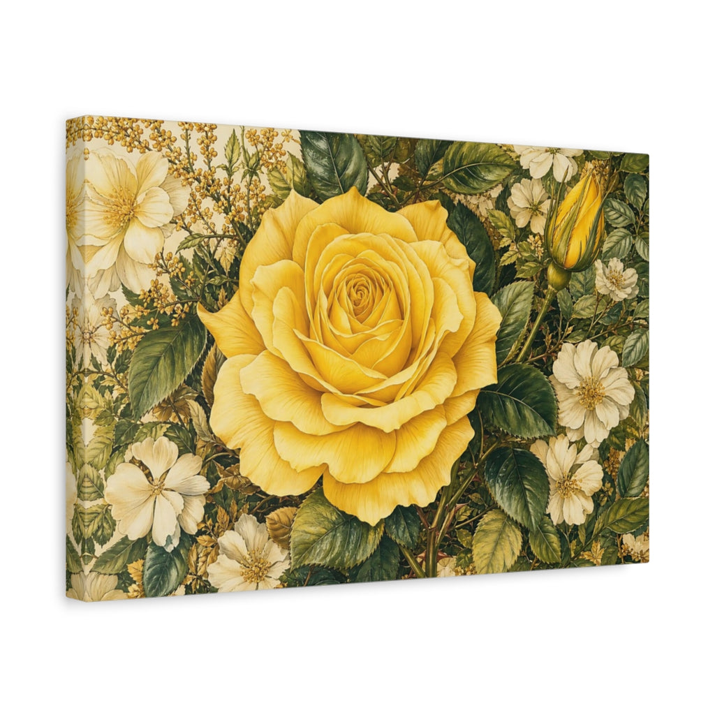 Side Mockup 4. Floral Yellow Rose Yellow And Green shown as stretched canvas wall art