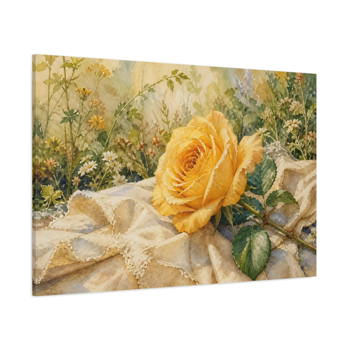 Side Mockup 1. Floral Yellow Rose Yellow Rose shown as stretched canvas wall art