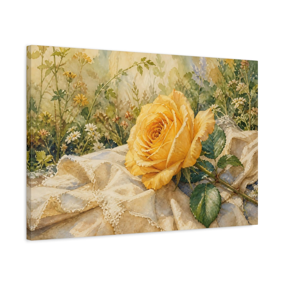 Side Mockup 2. Floral Yellow Rose Yellow Rose shown as stretched canvas wall art