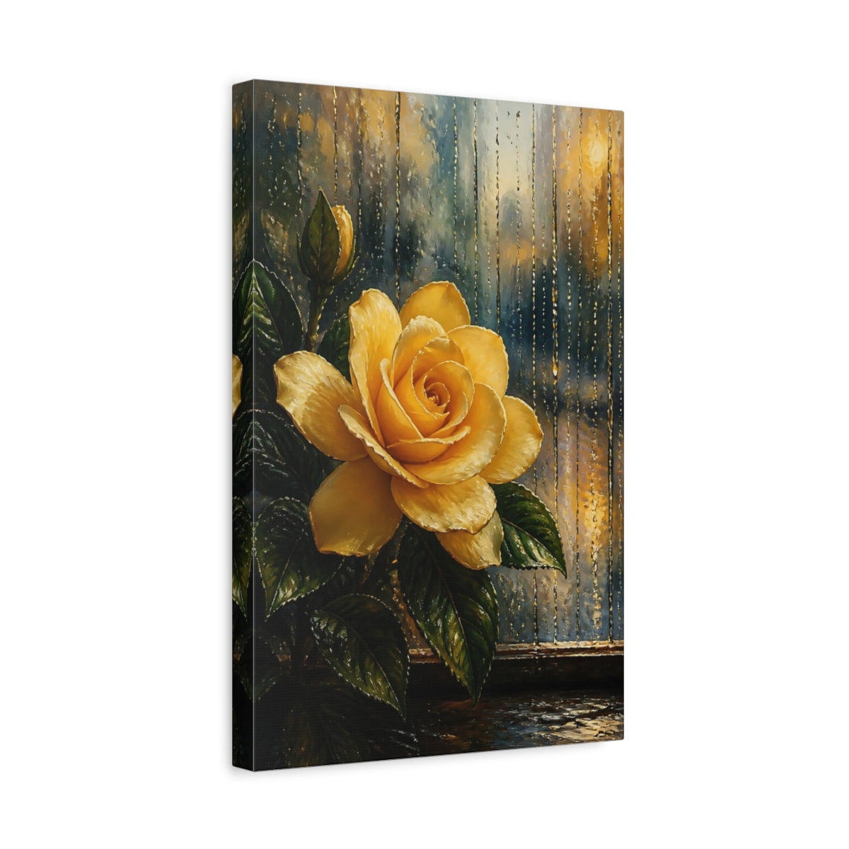 Side Mockup 4. Floral Yellow Rose Yellow Rose Rain shown as stretched canvas wall art