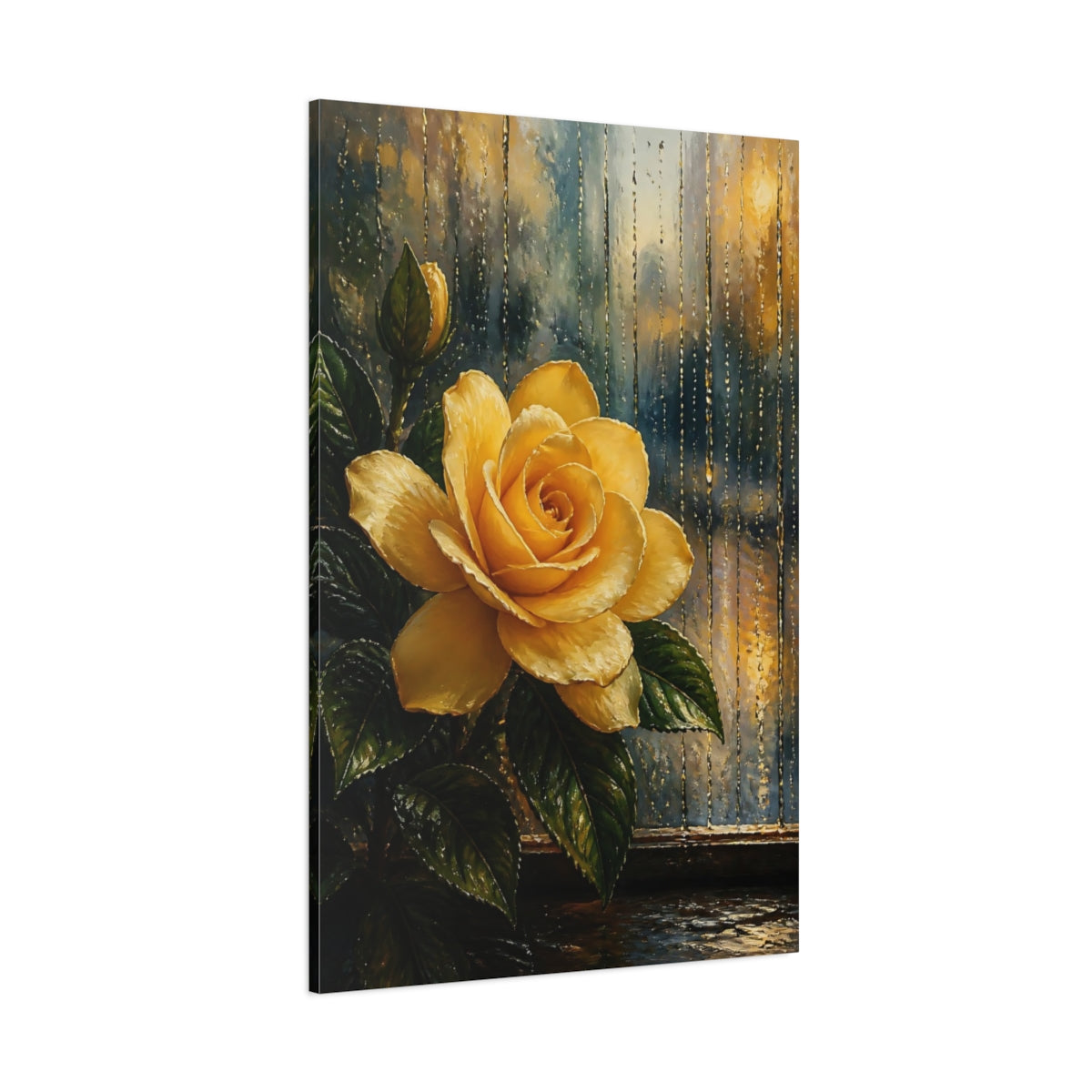 Side Mockup 1. Floral Yellow Rose Yellow Rose Rain shown as stretched canvas wall art