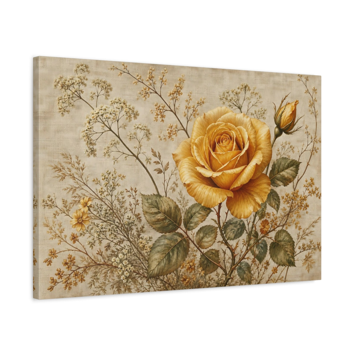 Side Mockup 2. Floral Yellow Rose Vintage Yellow Rose shown as stretched canvas wall art