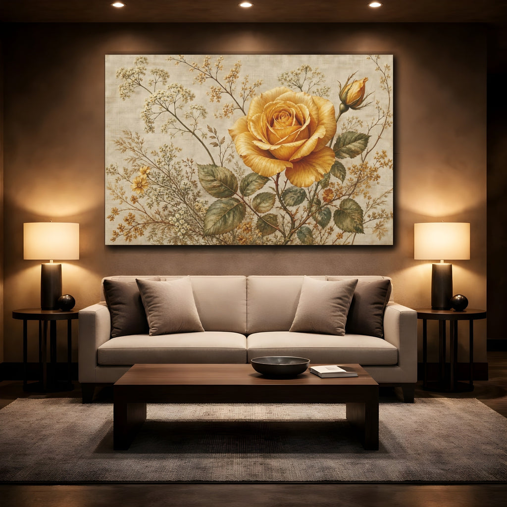 Mockup 2. Floral Yellow Rose Vintage Yellow Rose shown as stretched canvas wall art