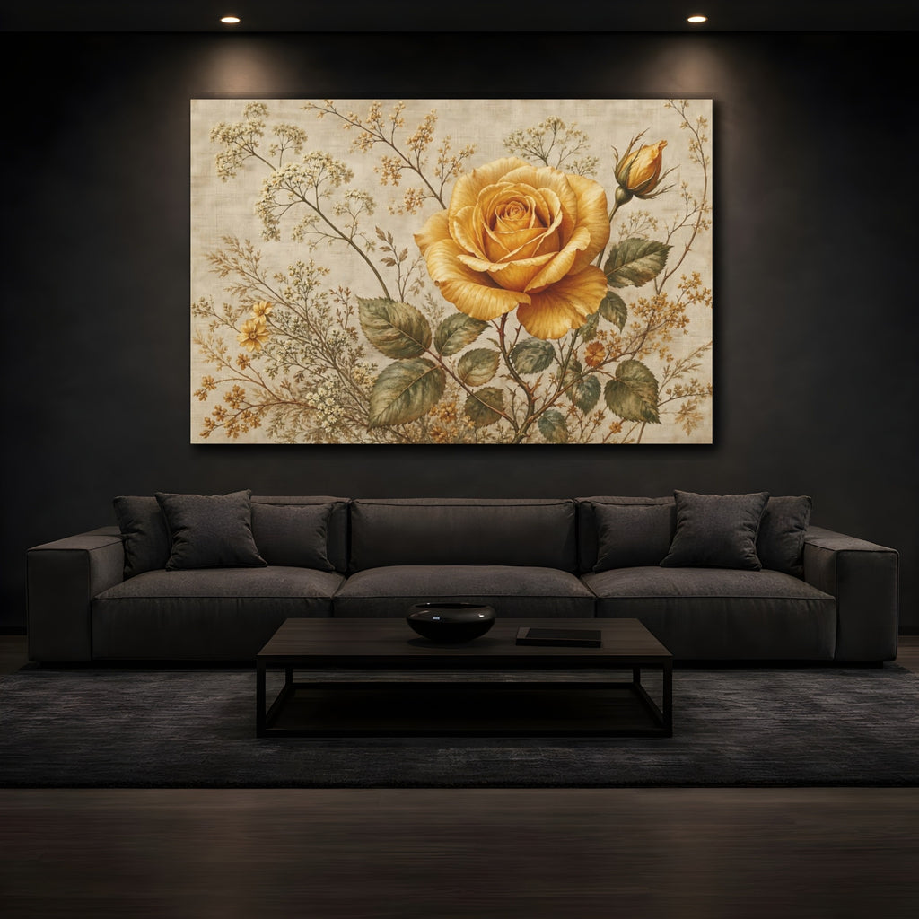 Mockup 3. Floral Yellow Rose Vintage Yellow Rose shown as stretched canvas wall art