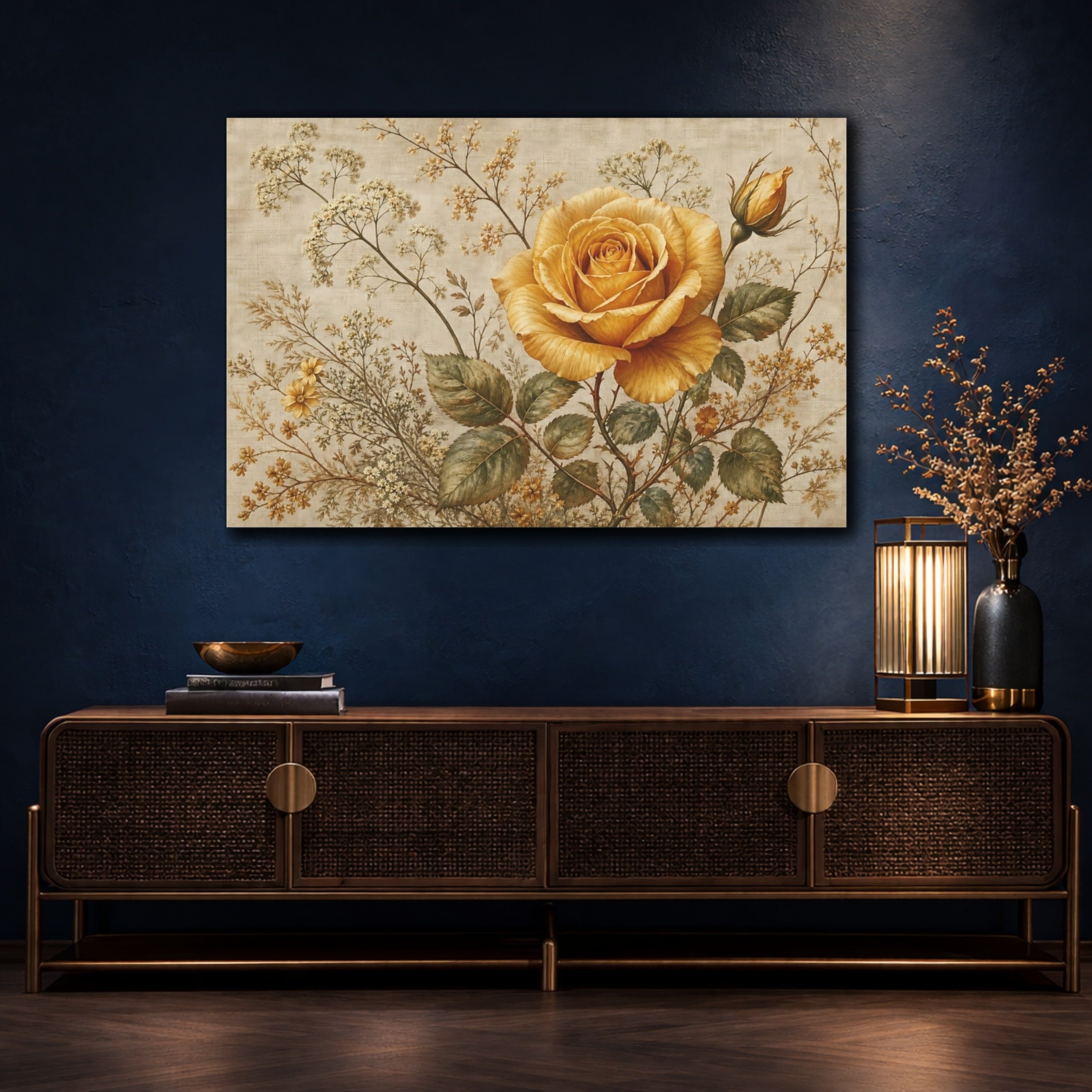Mockup 4. Floral Yellow Rose Vintage Yellow Rose shown as stretched canvas wall art