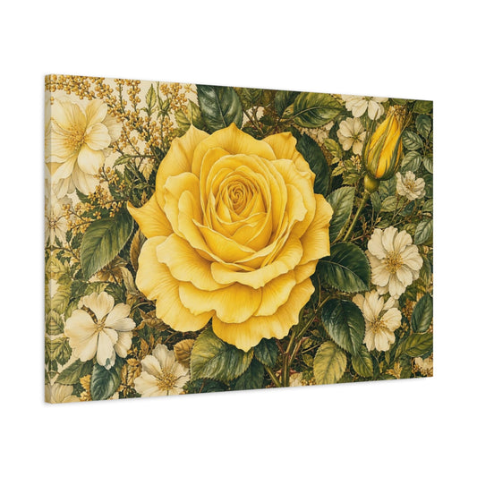 Main Mockup. Floral Yellow Rose Yellow And Green shown as stretched canvas wall art
