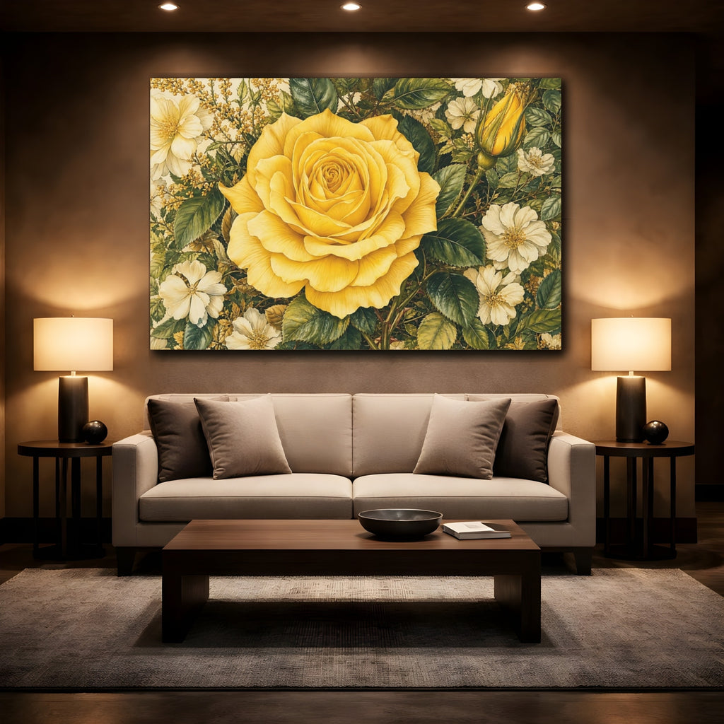 Mockup 2. Floral Yellow Rose Yellow And Green shown as stretched canvas wall art