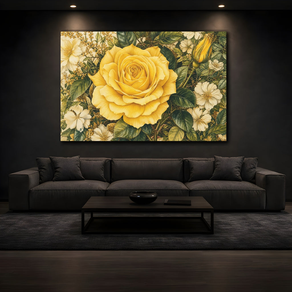 Mockup 3. Floral Yellow Rose Yellow And Green shown as stretched canvas wall art