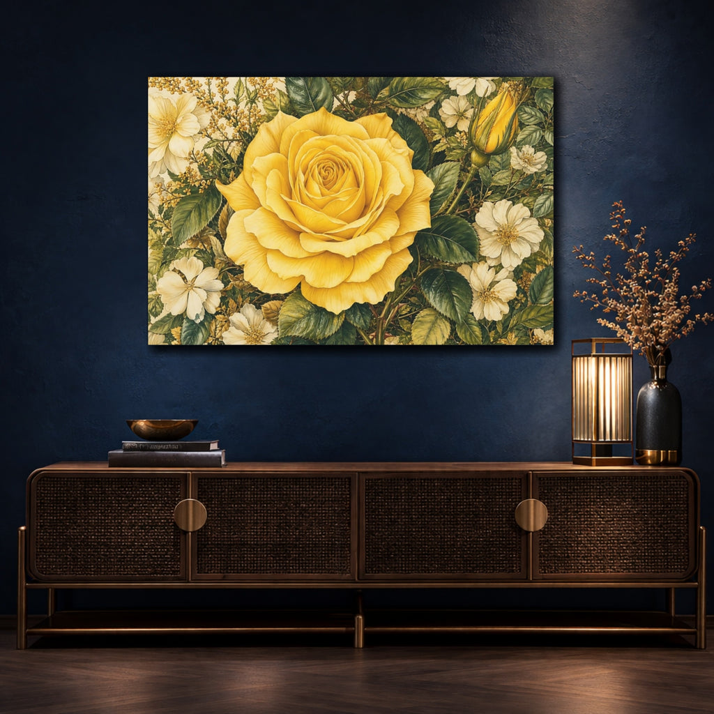 Mockup 4. Floral Yellow Rose Yellow And Green shown as stretched canvas wall art
