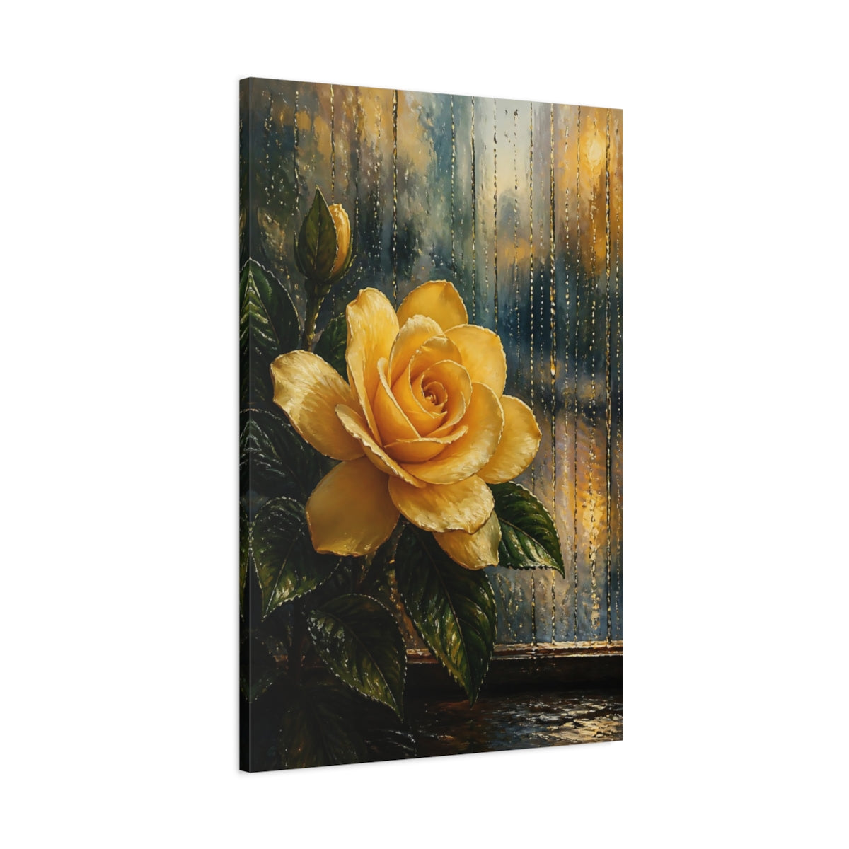 Main Mockup. Floral Yellow Rose Yellow Rose Rain shown as stretched canvas wall art