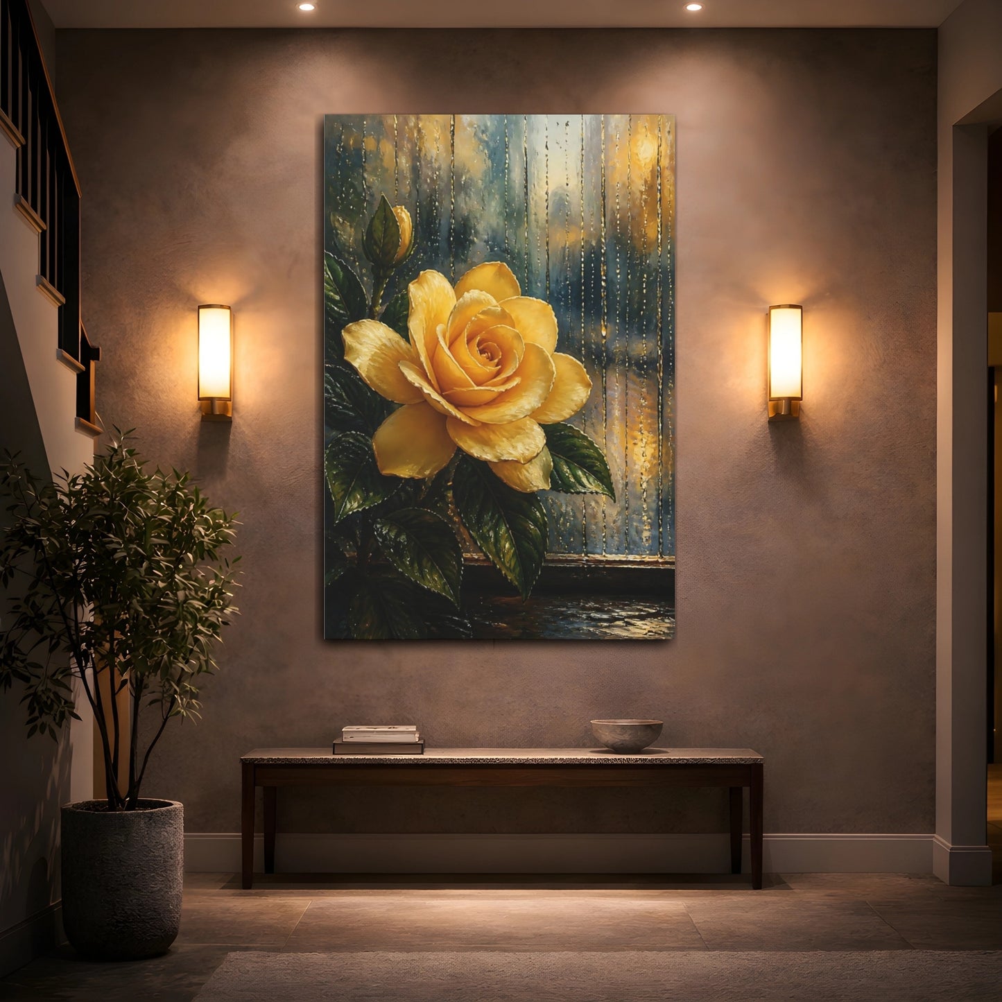 Mockup 2. Floral Yellow Rose Yellow Rose Rain shown as stretched canvas wall art