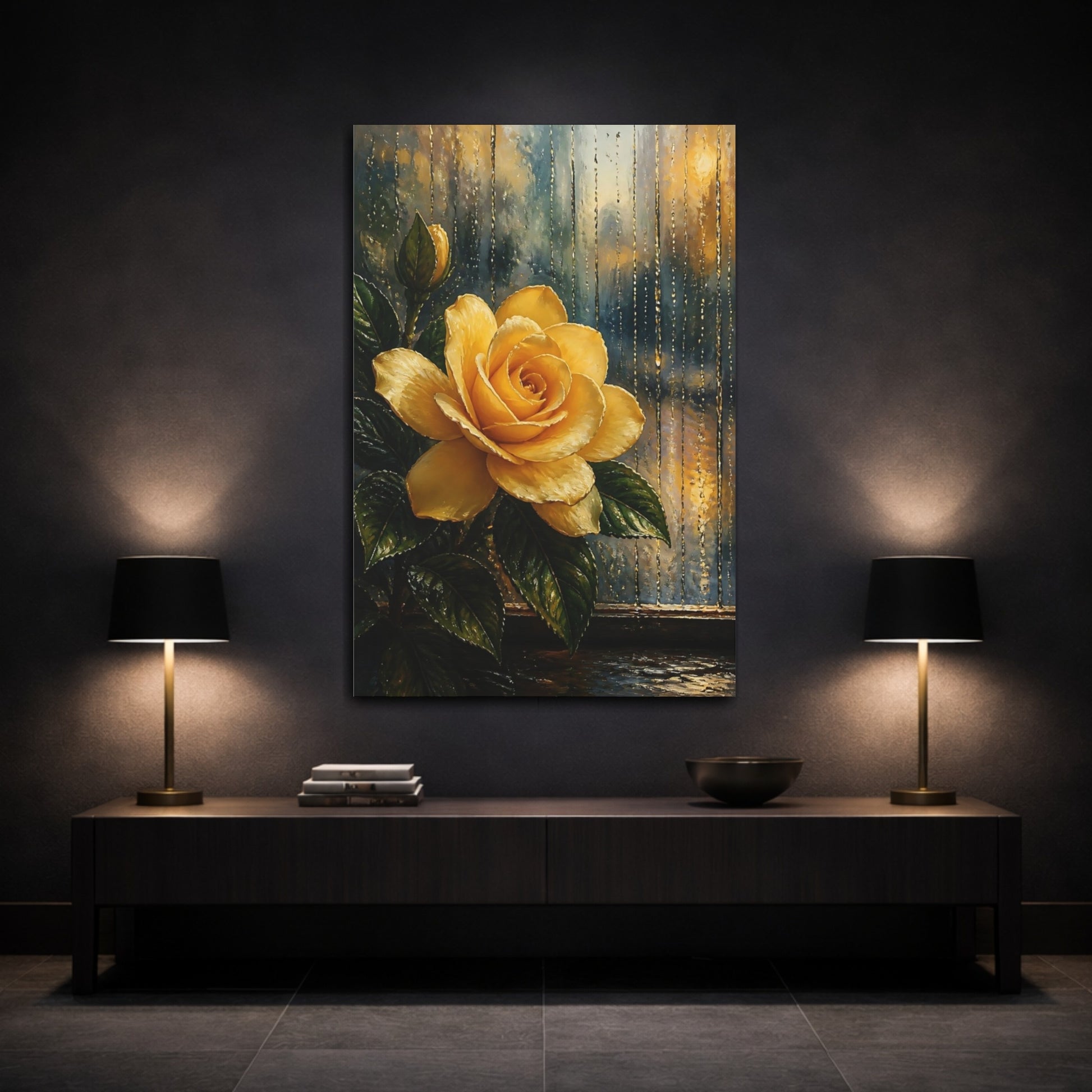 Mockup 3. Floral Yellow Rose Yellow Rose Rain shown as stretched canvas wall art