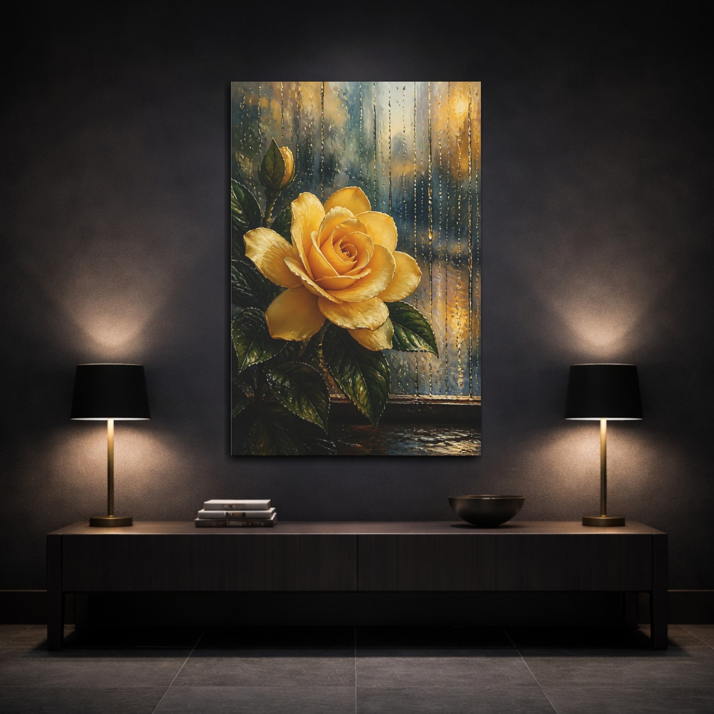 Mockup 3. Floral Yellow Rose Yellow Rose Rain shown as stretched canvas wall art