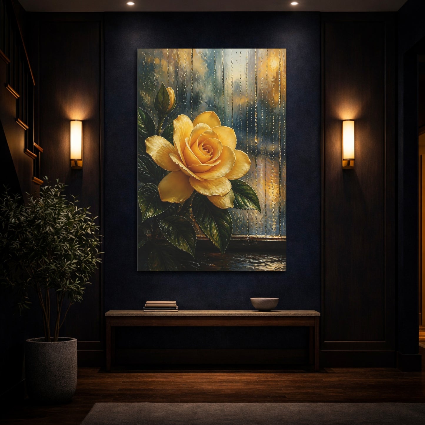 Mockup 4. Floral Yellow Rose Yellow Rose Rain shown as stretched canvas wall art