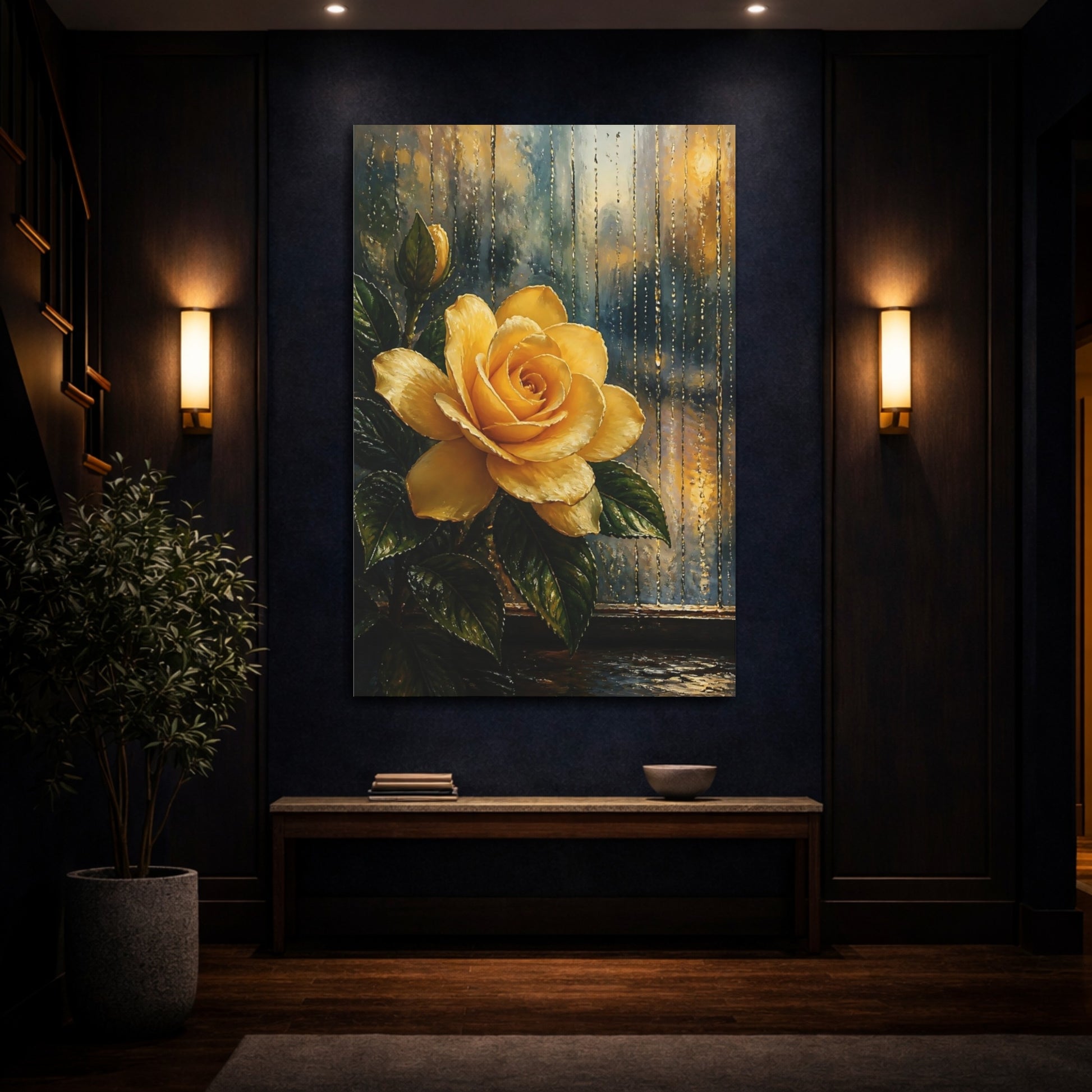 Mockup 4. Floral Yellow Rose Yellow Rose Rain shown as stretched canvas wall art