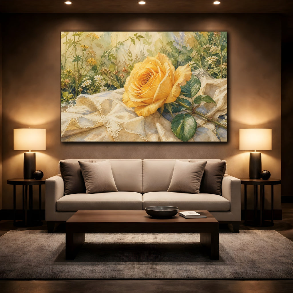 Mockup 2. Floral Yellow Rose Yellow Rose shown as stretched canvas wall art
