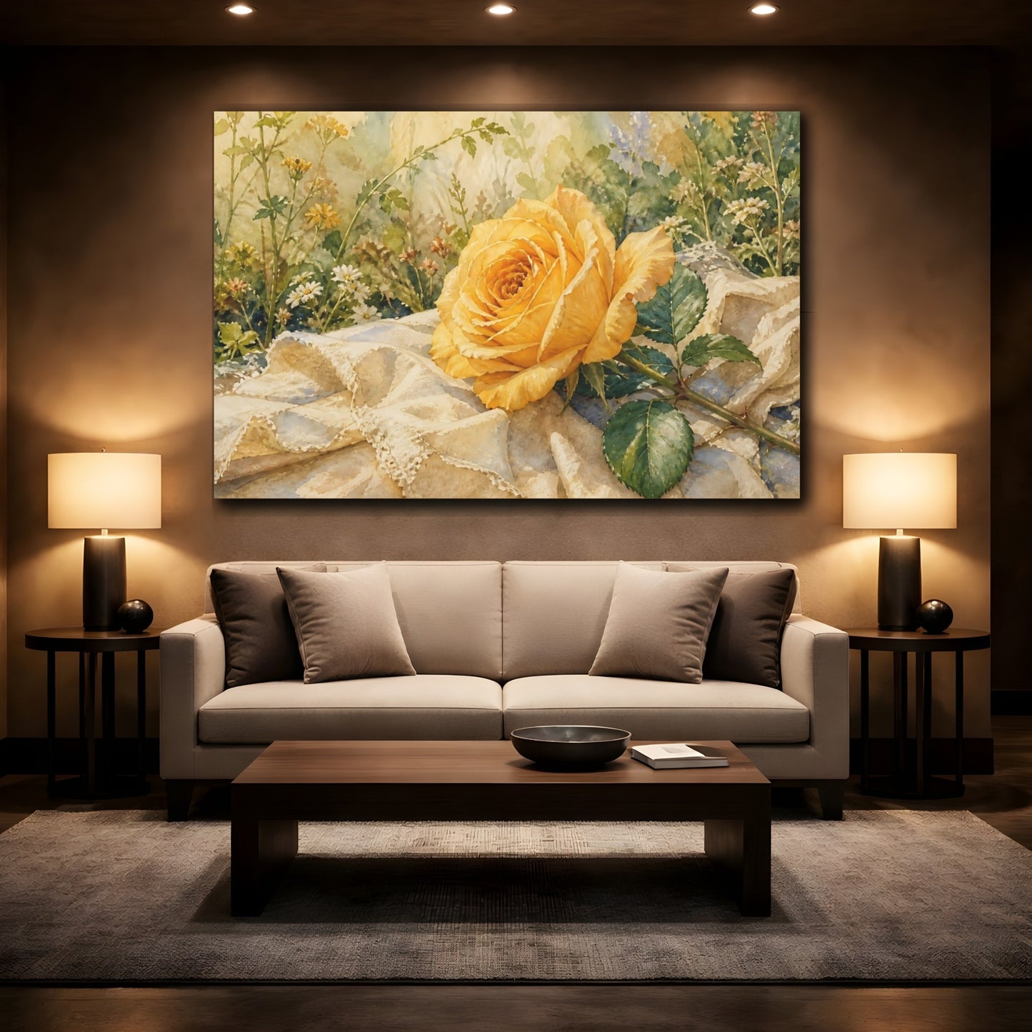 Mockup 2. Floral Yellow Rose Yellow Rose shown as stretched canvas wall art