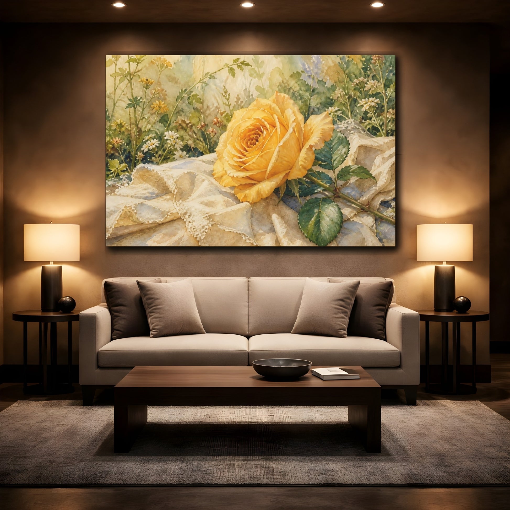 Mockup 2. Floral Yellow Rose Yellow Rose shown as stretched canvas wall art