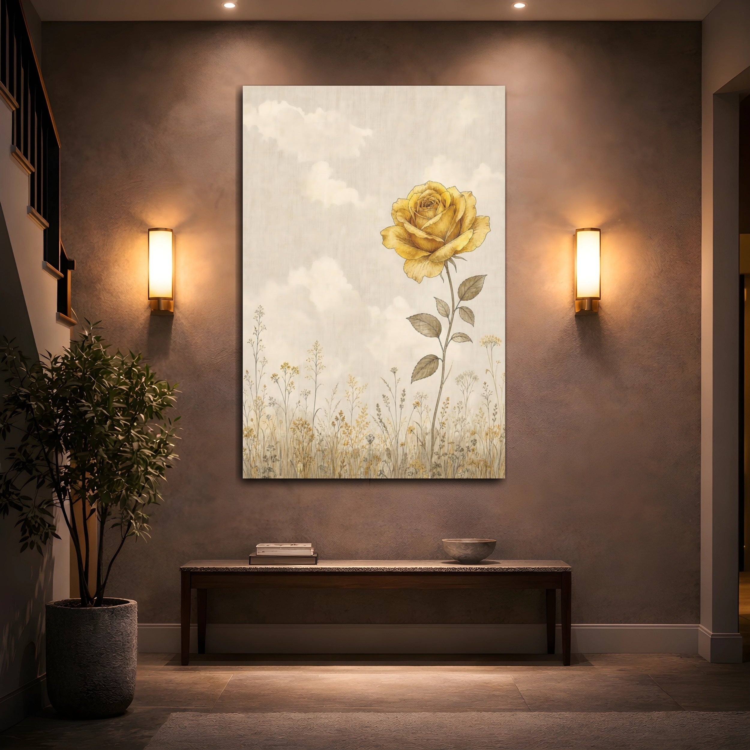 Mockup 2. Floral Yellow Rose Yellow Rose shown as stretched canvas wall art