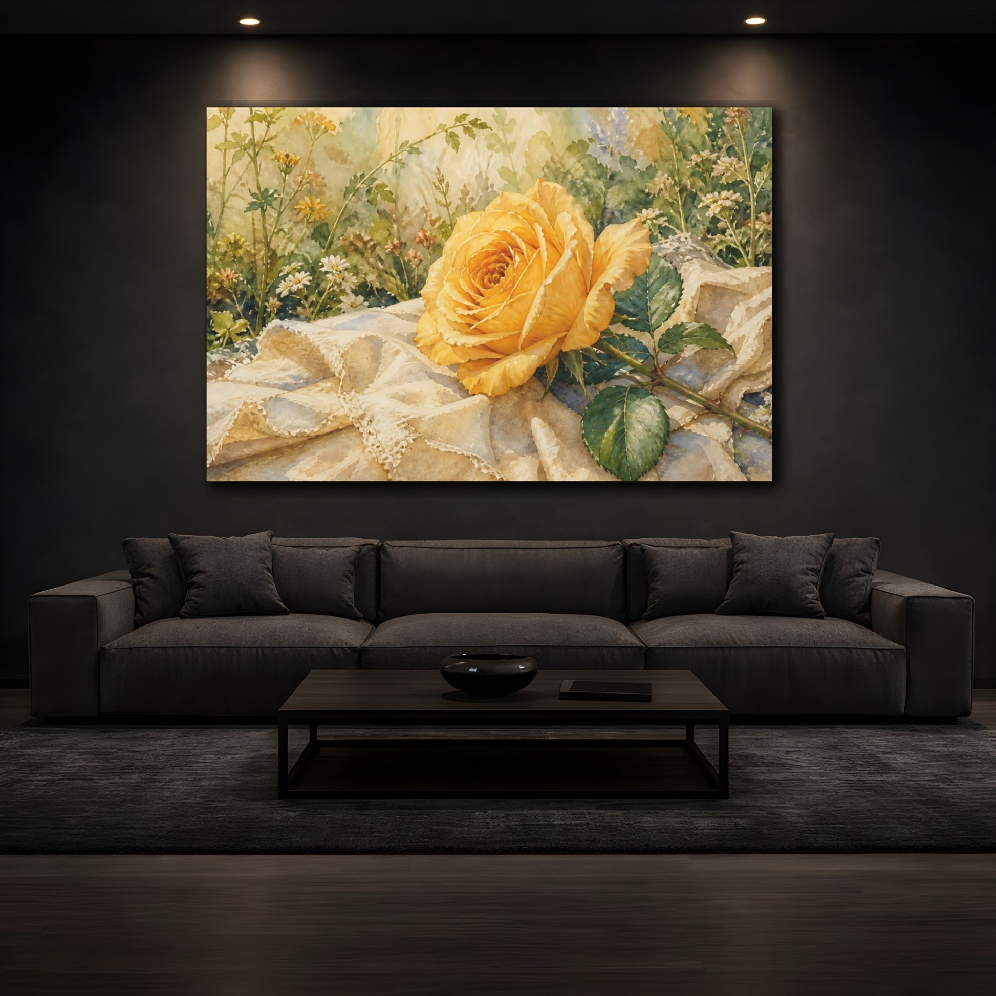 Mockup 3. Floral Yellow Rose Yellow Rose shown as stretched canvas wall art