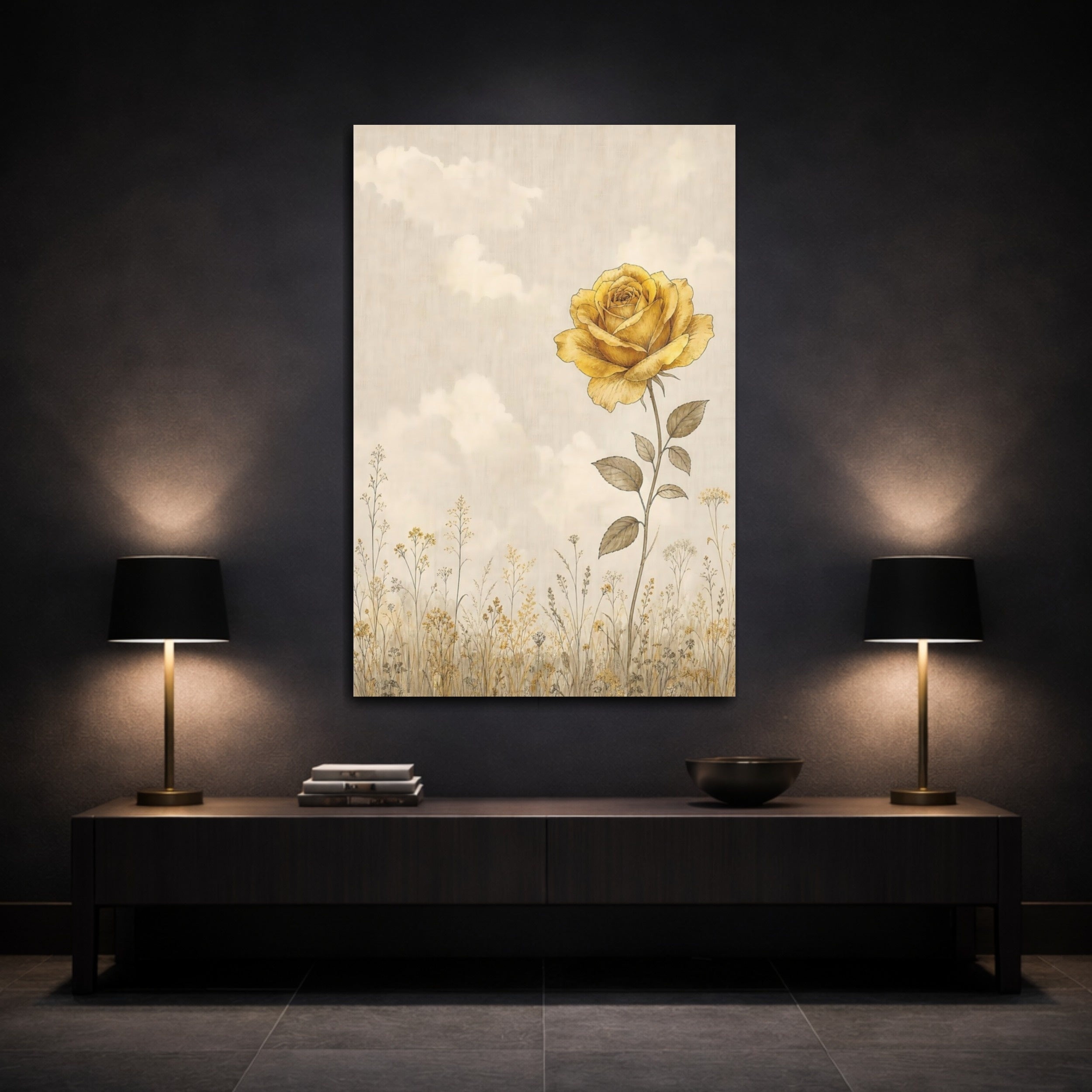 Mockup 3. Floral Yellow Rose Yellow Rose shown as stretched canvas wall art