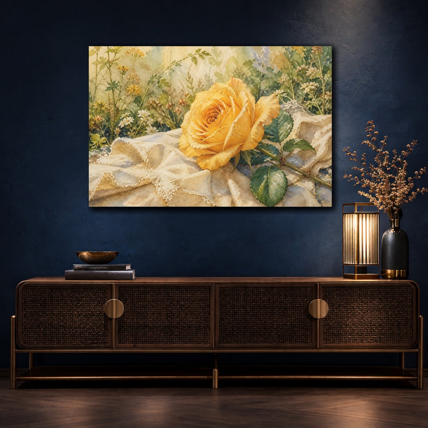 Mockup 4. Floral Yellow Rose Yellow Rose shown as stretched canvas wall art