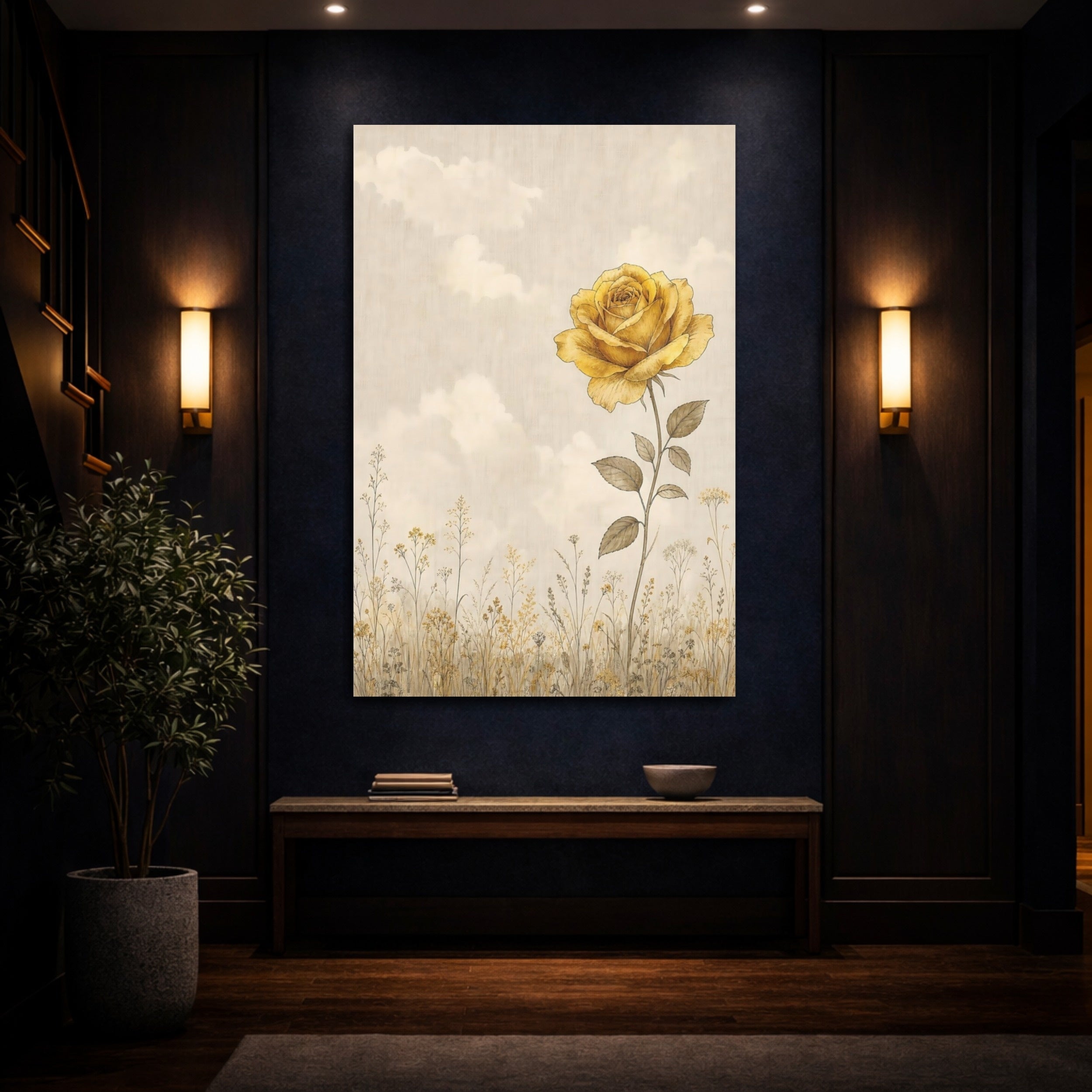 Mockup 4. Floral Yellow Rose Yellow Rose shown as stretched canvas wall art