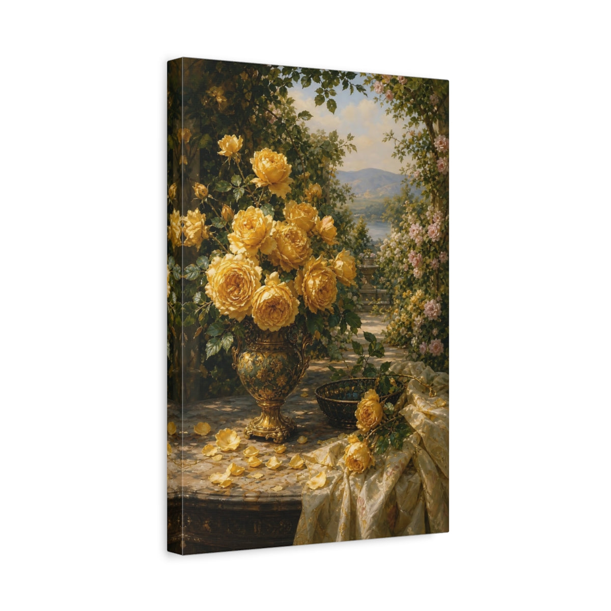 Side Mockup 4. Floral Yellow Roses Yellow Roses Floral shown as stretched canvas wall art