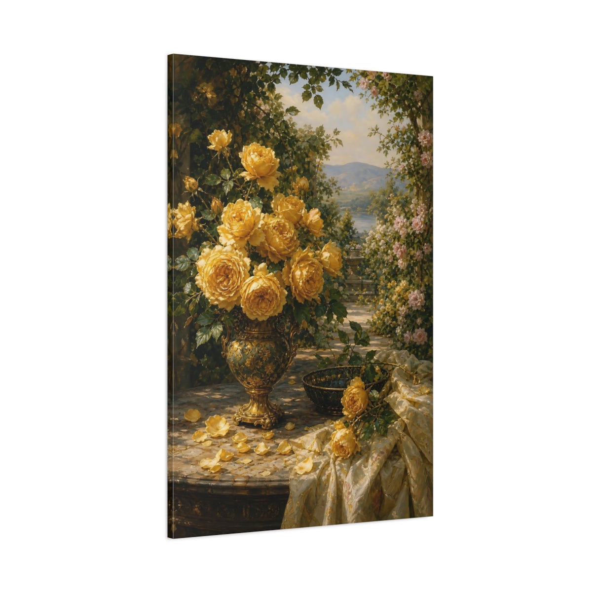 Side Mockup 1. Floral Yellow Roses Yellow Roses Floral shown as stretched canvas wall art