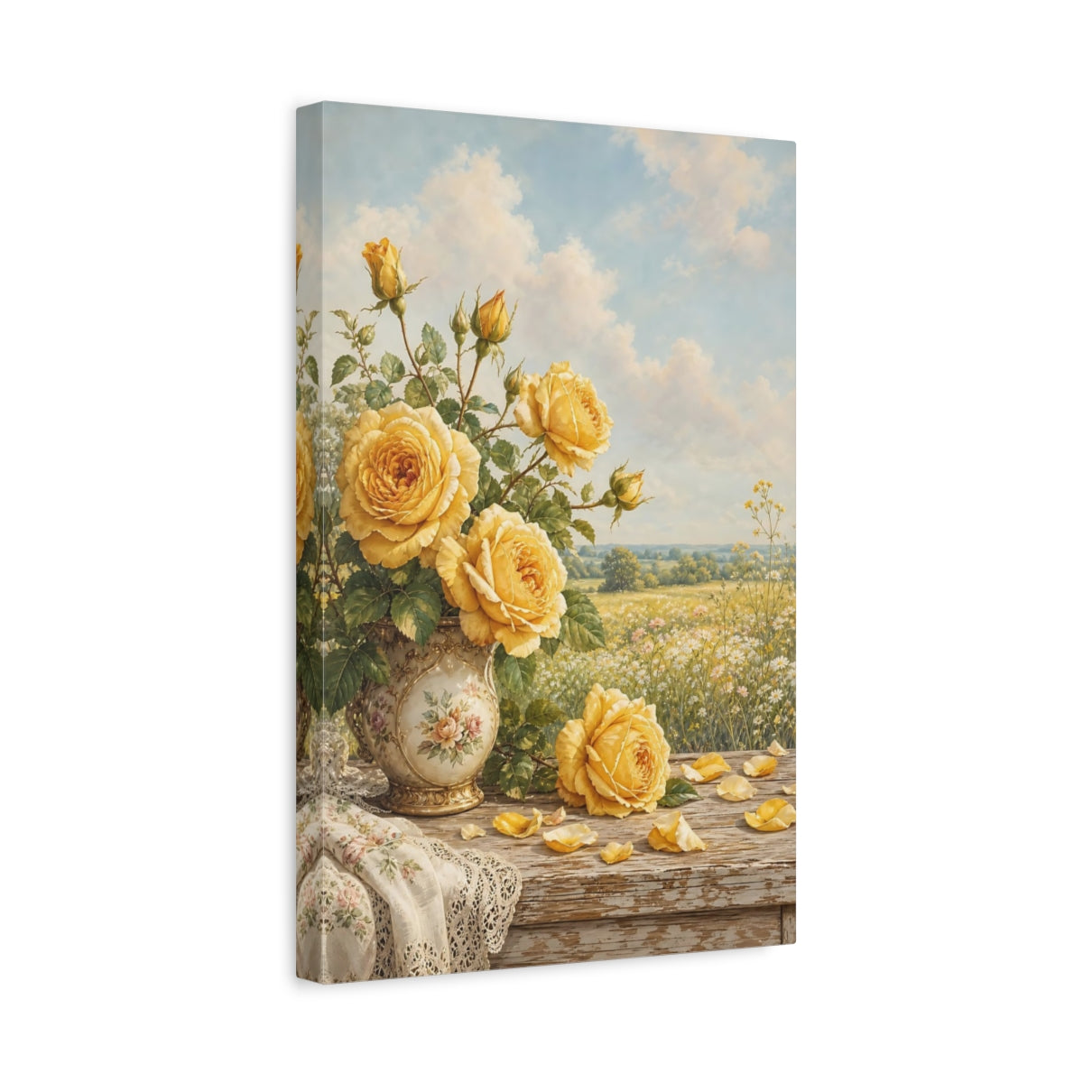 Side Mockup 4. Floral Yellow Roses Yellow Floral shown as stretched canvas wall art
