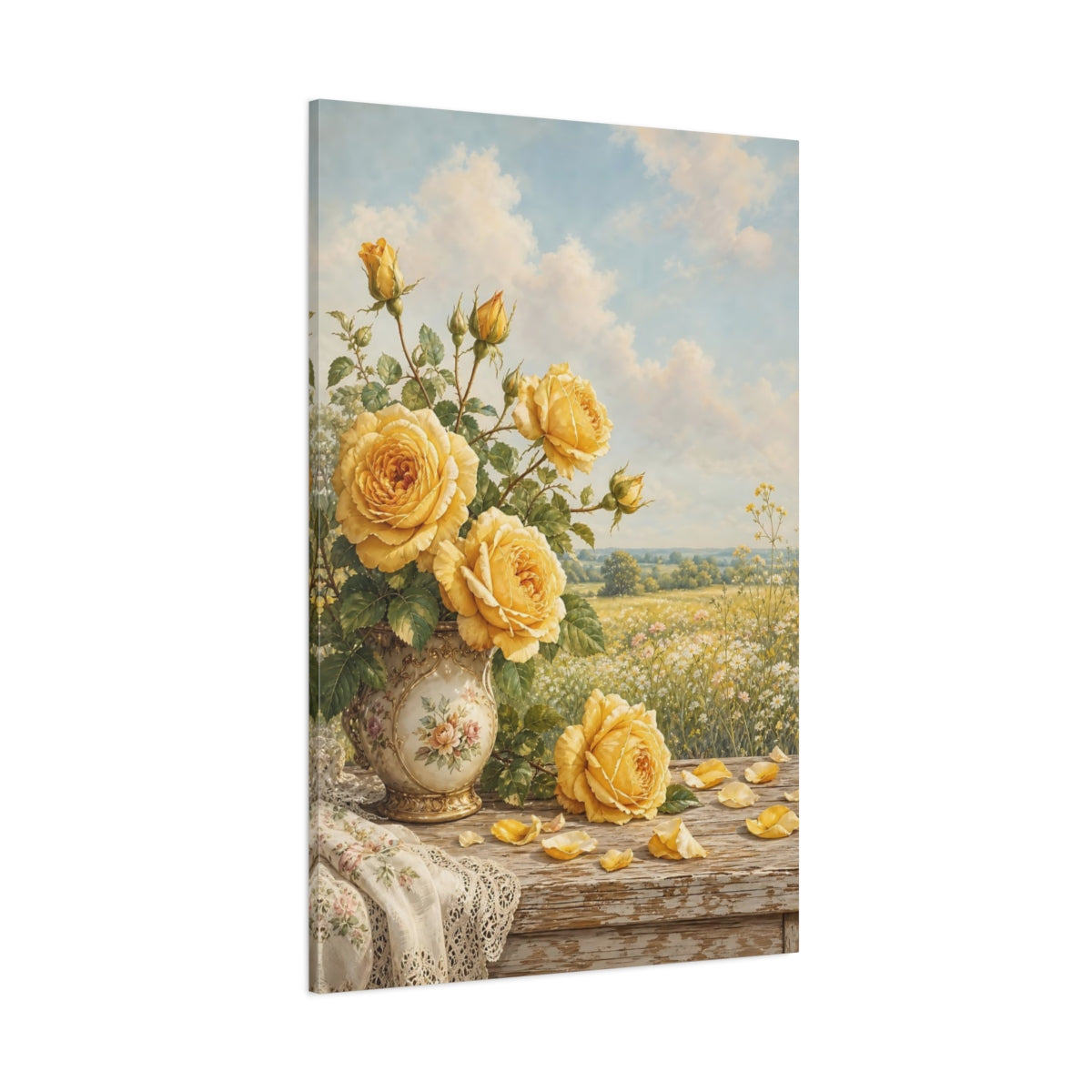 Side Mockup 1. Floral Yellow Roses Yellow Floral shown as stretched canvas wall art