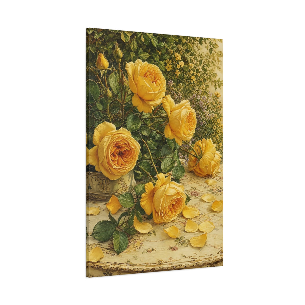 Side Mockup 1. Floral Yellow Roses Yellow Roses shown as stretched canvas wall art