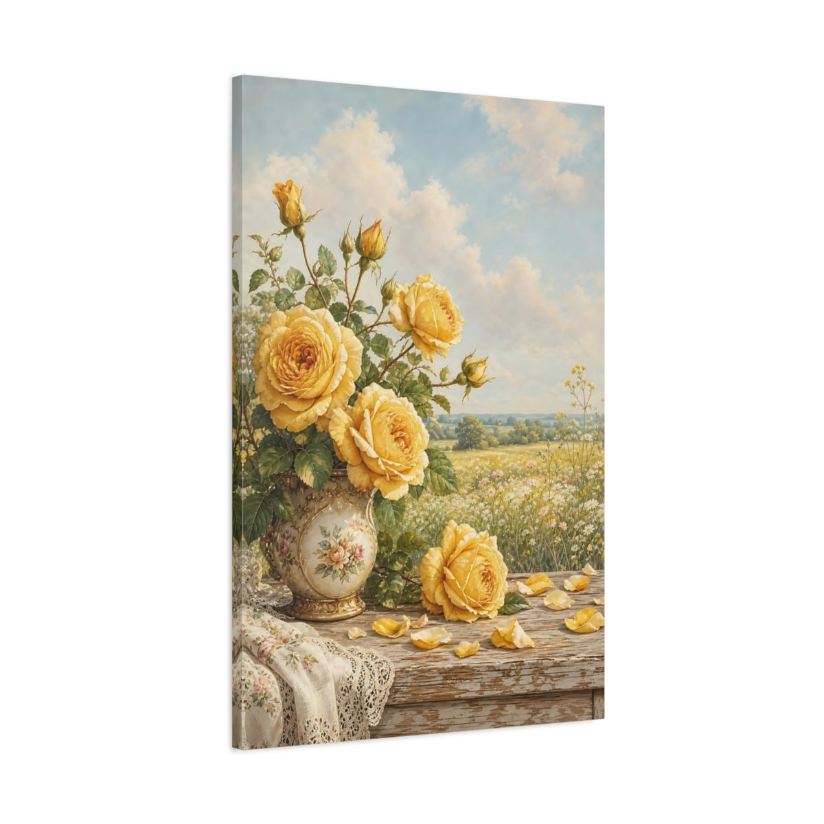 Main Mockup. Floral Yellow Roses Yellow Floral shown as stretched canvas wall art
