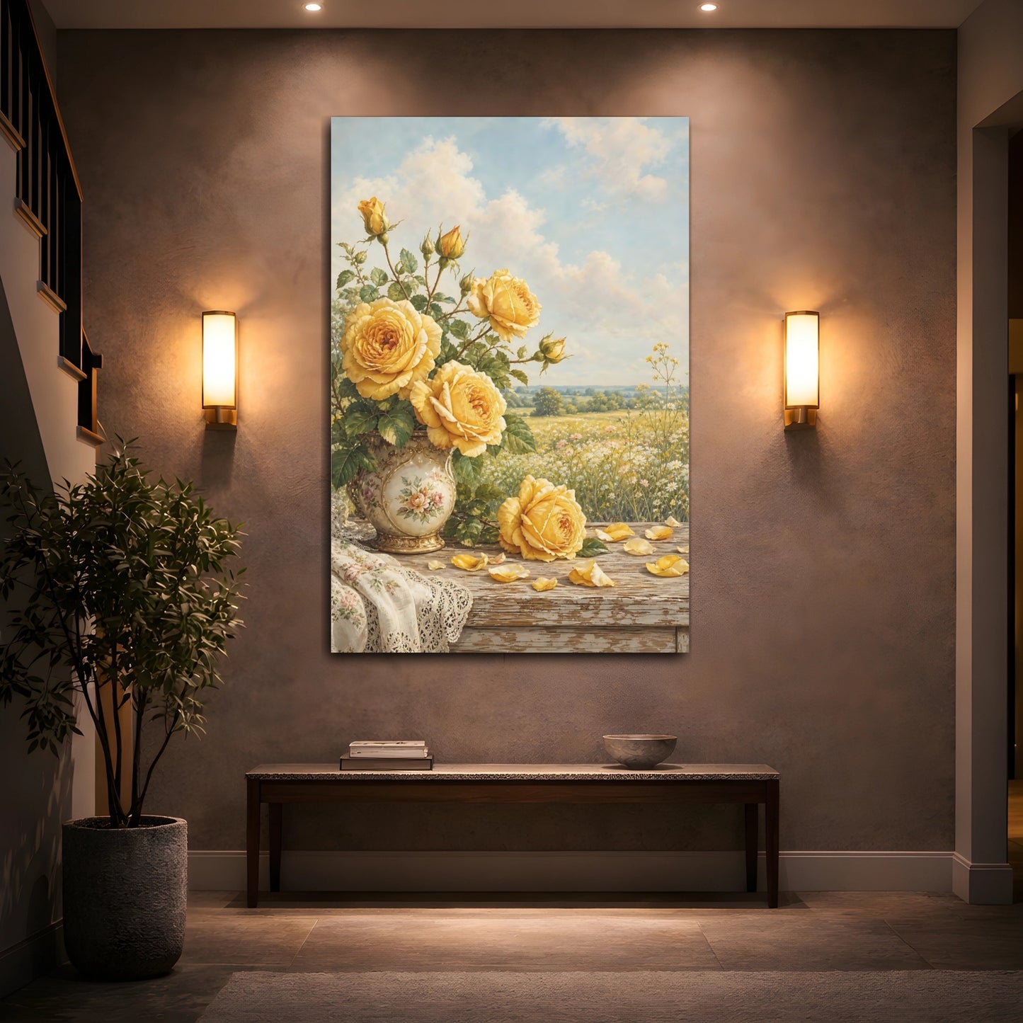 Mockup 2. Floral Yellow Roses Yellow Floral shown as stretched canvas wall art