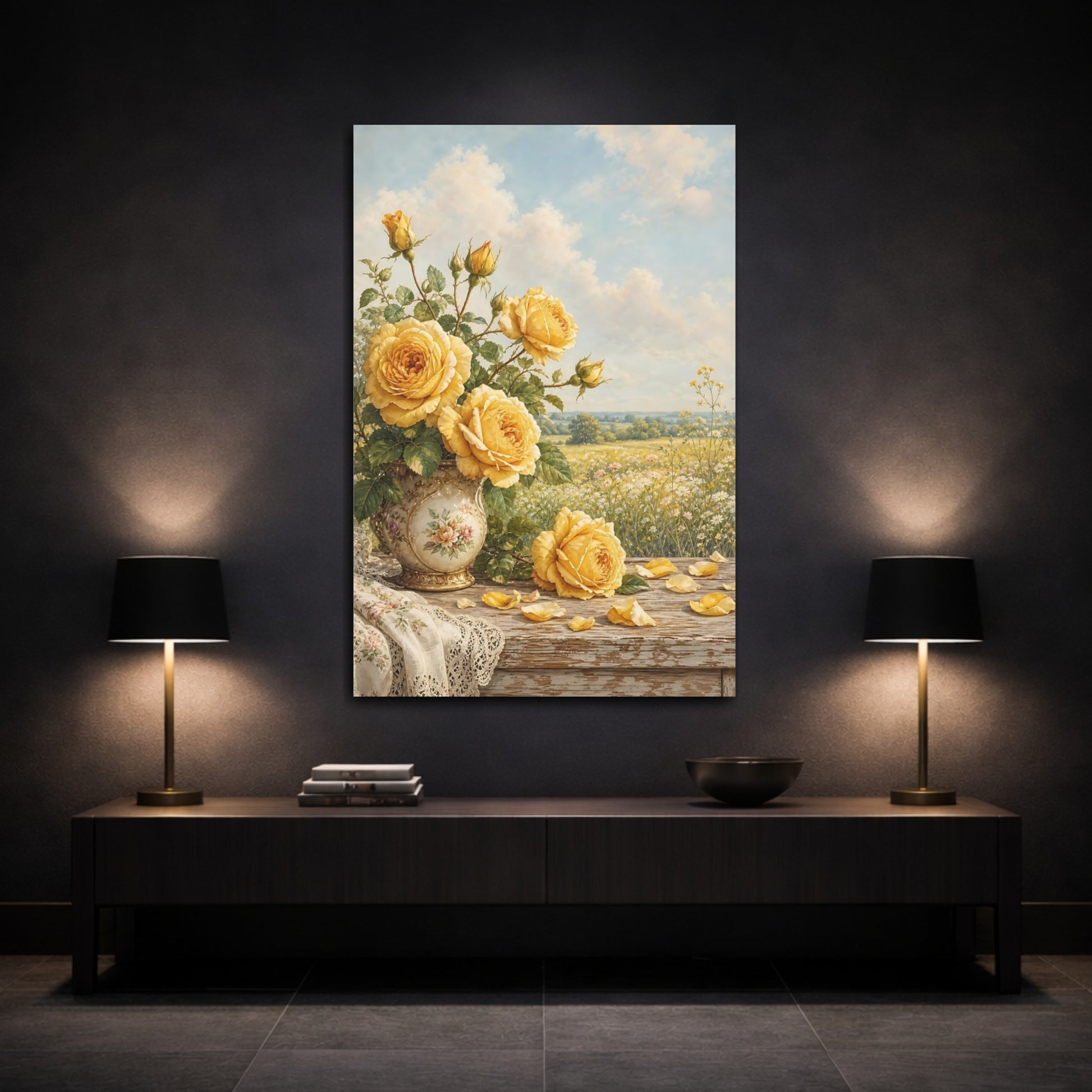 Mockup 3. Floral Yellow Roses Yellow Floral shown as stretched canvas wall art