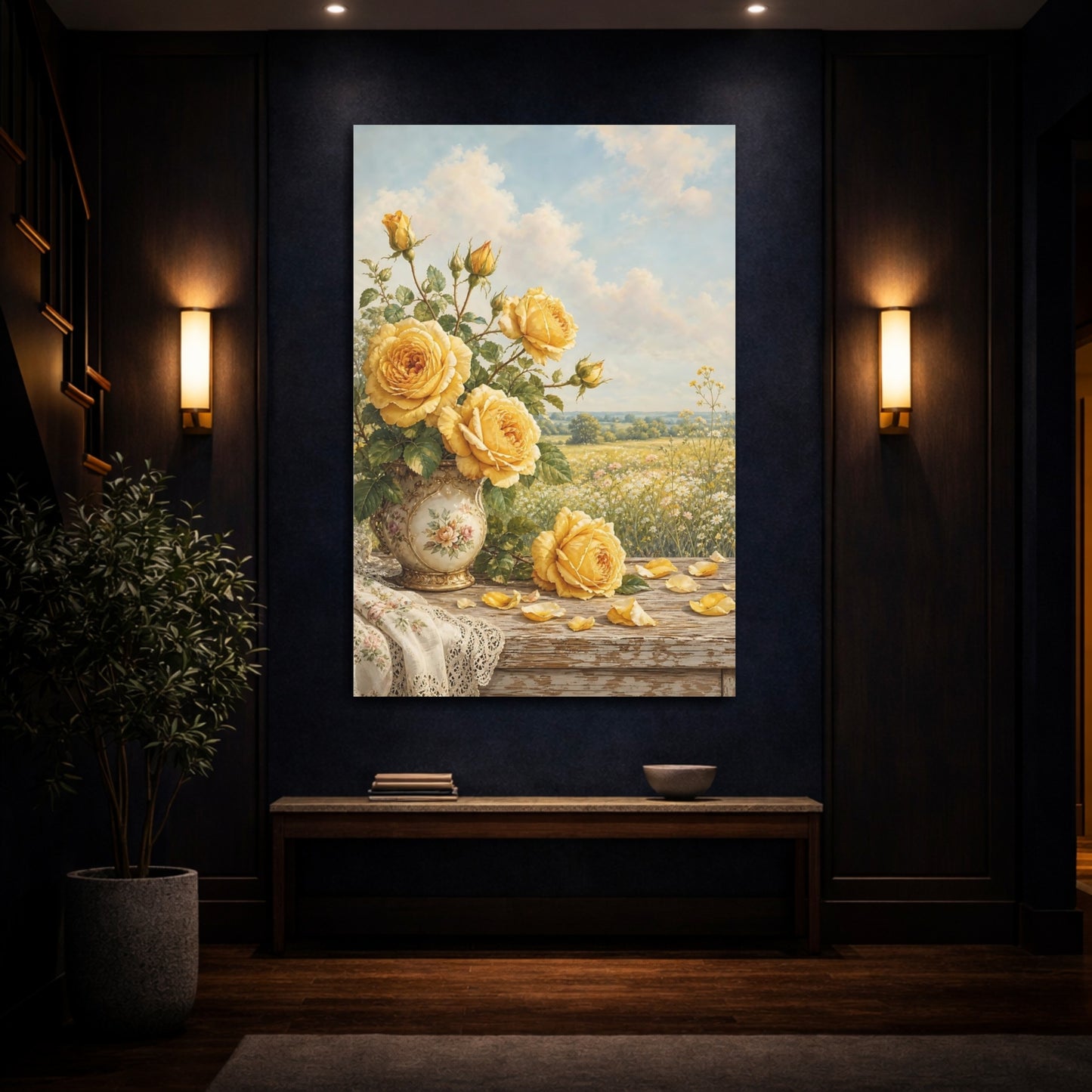 Mockup 4. Floral Yellow Roses Yellow Floral shown as stretched canvas wall art