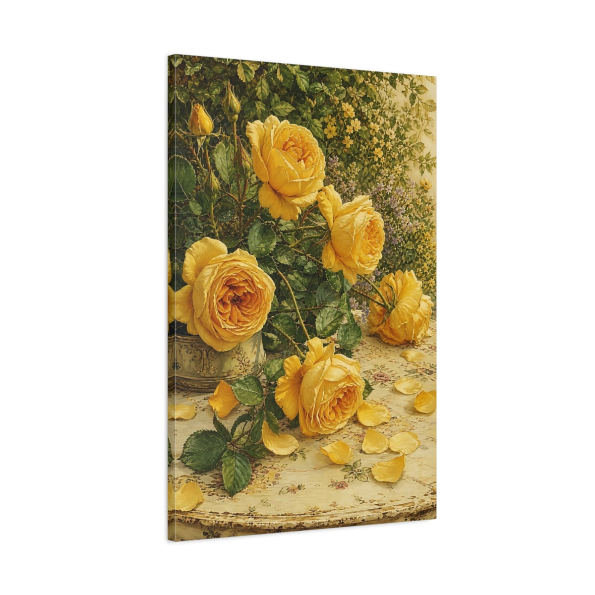 Main Mockup. Floral Yellow Roses Yellow Roses shown as stretched canvas wall art