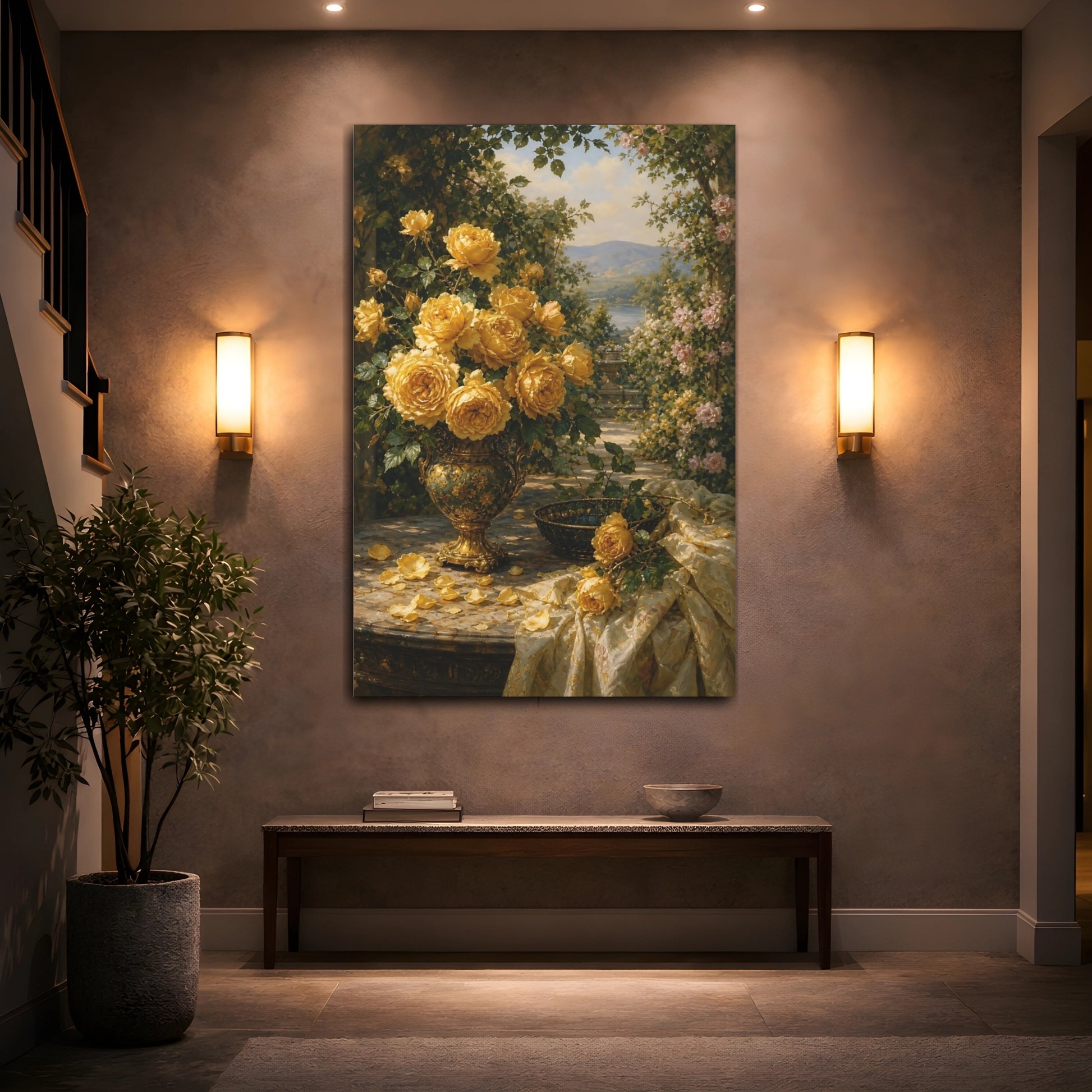Mockup 2. Floral Yellow Roses Yellow Roses Floral shown as stretched canvas wall art