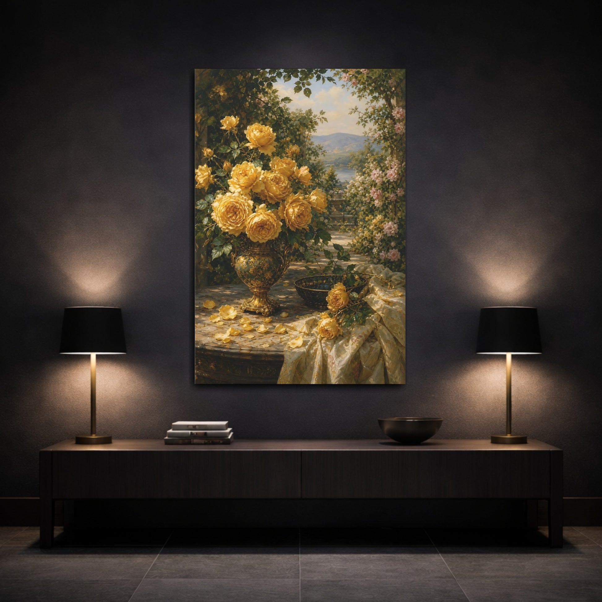 Mockup 3. Floral Yellow Roses Yellow Roses Floral shown as stretched canvas wall art