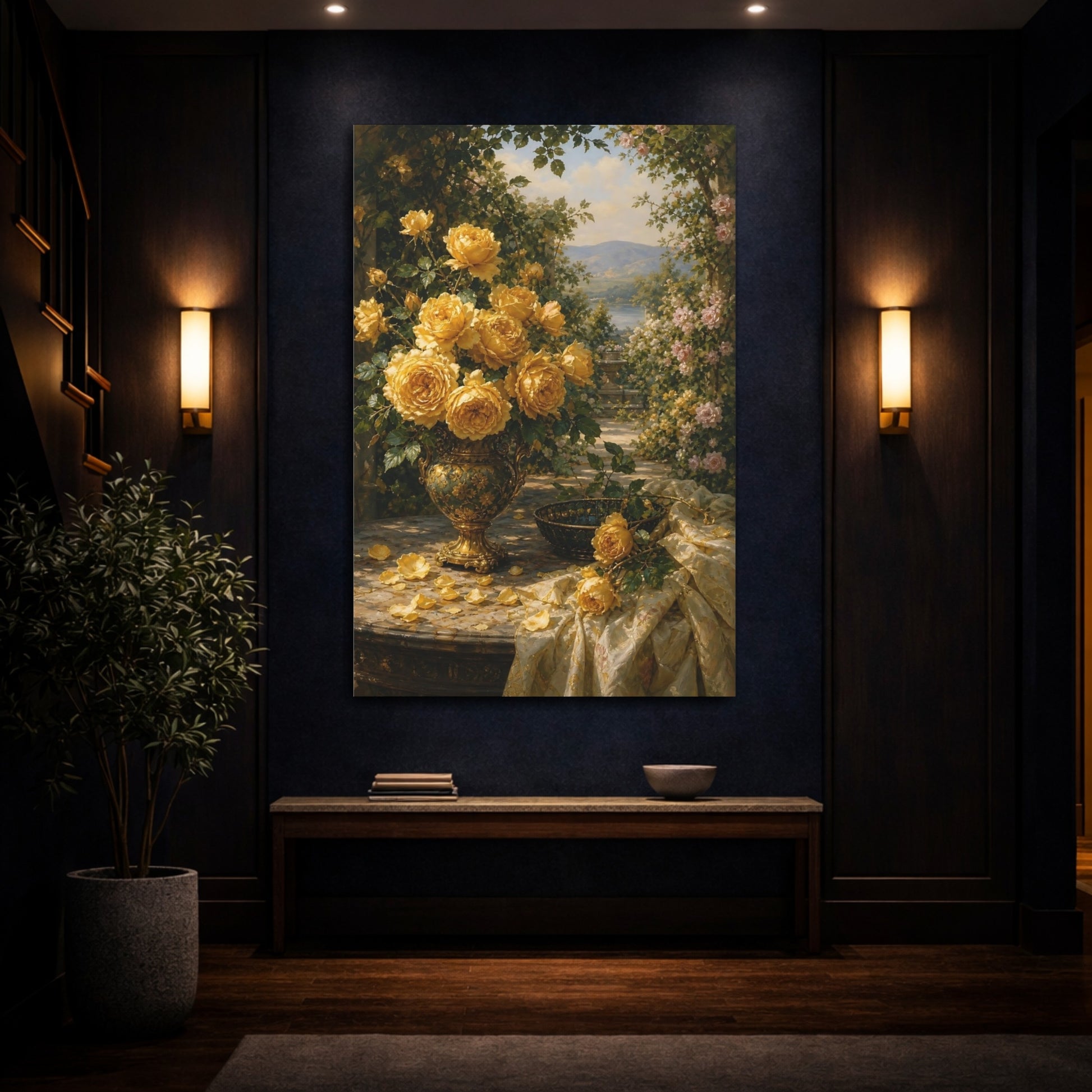 Mockup 4. Floral Yellow Roses Yellow Roses Floral shown as stretched canvas wall art