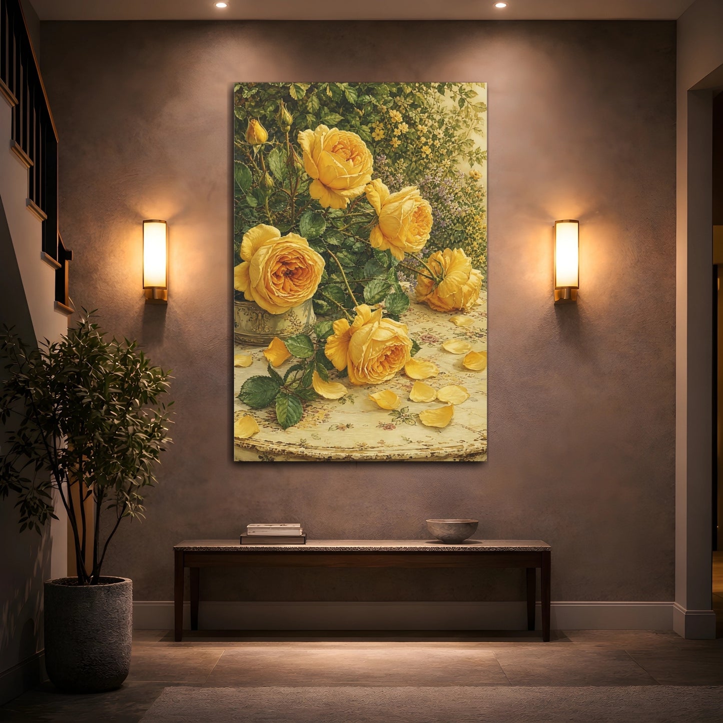Mockup 2. Floral Yellow Roses Yellow Roses shown as stretched canvas wall art