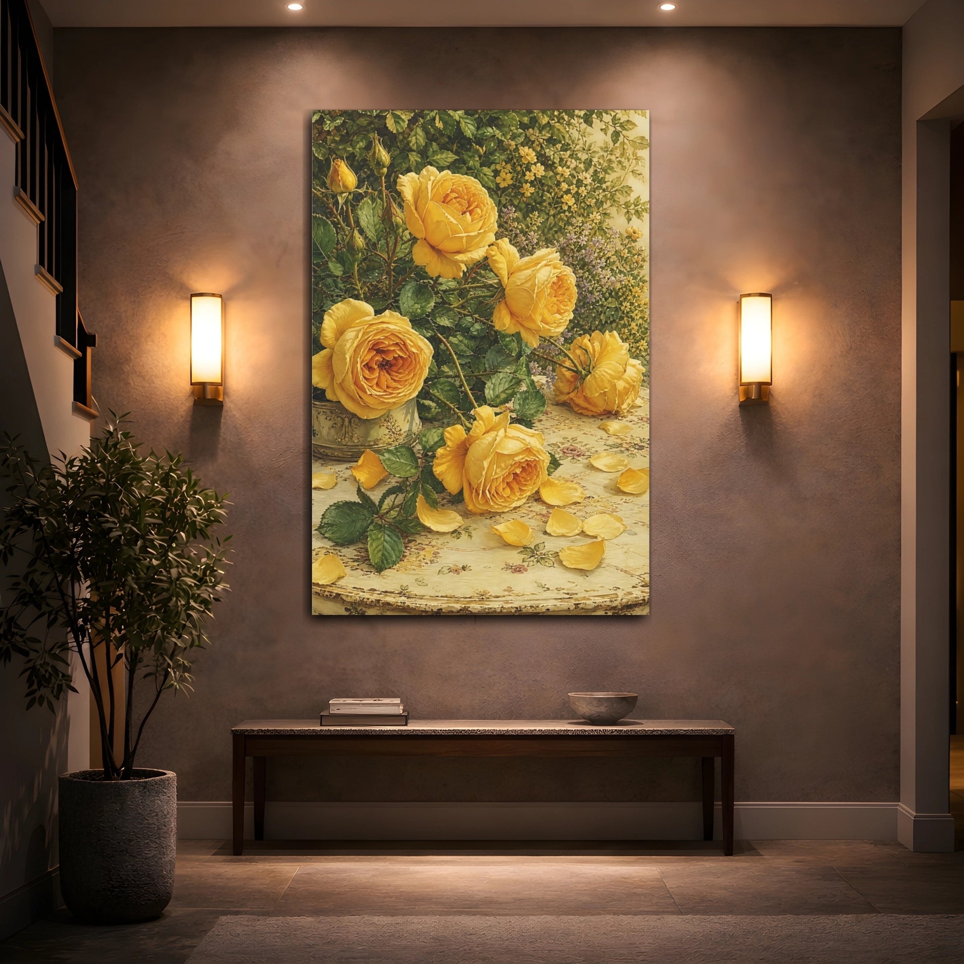 Mockup 2. Floral Yellow Roses Yellow Roses shown as stretched canvas wall art